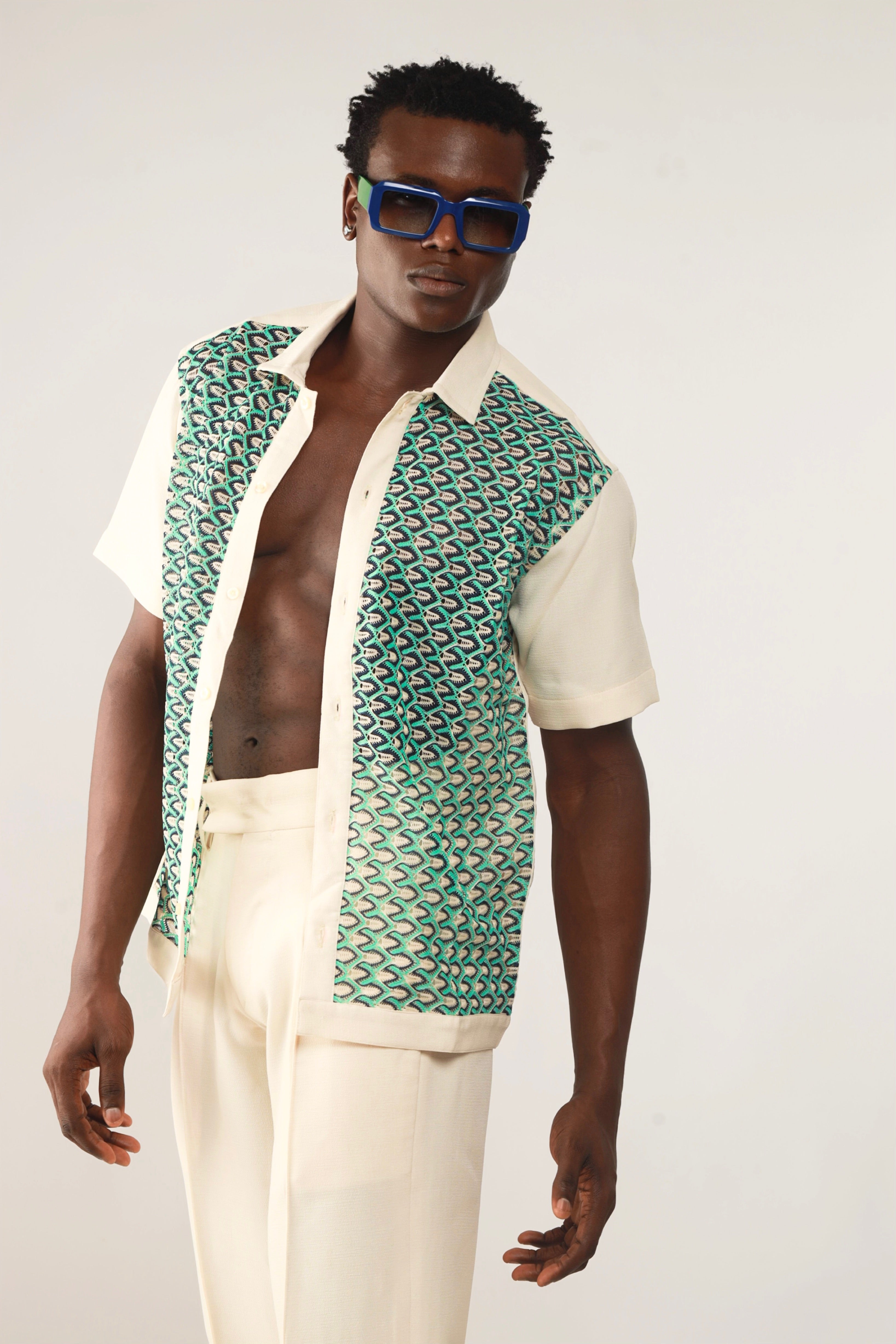 Cleo Resort Lace Print Shirt - Oatmeal/Green