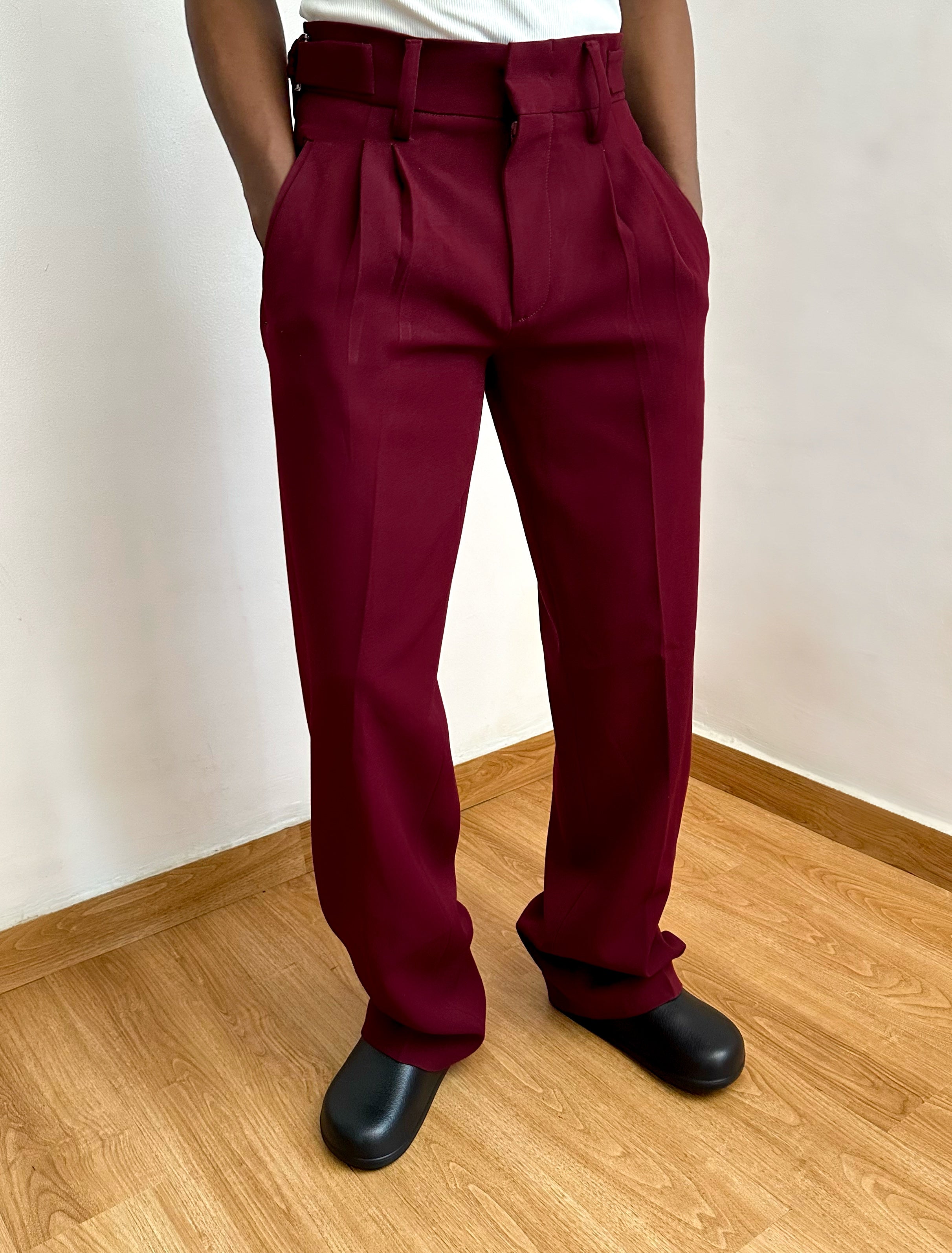 Celia Oxford Pleats Baggy Trouser - Burgundy-2