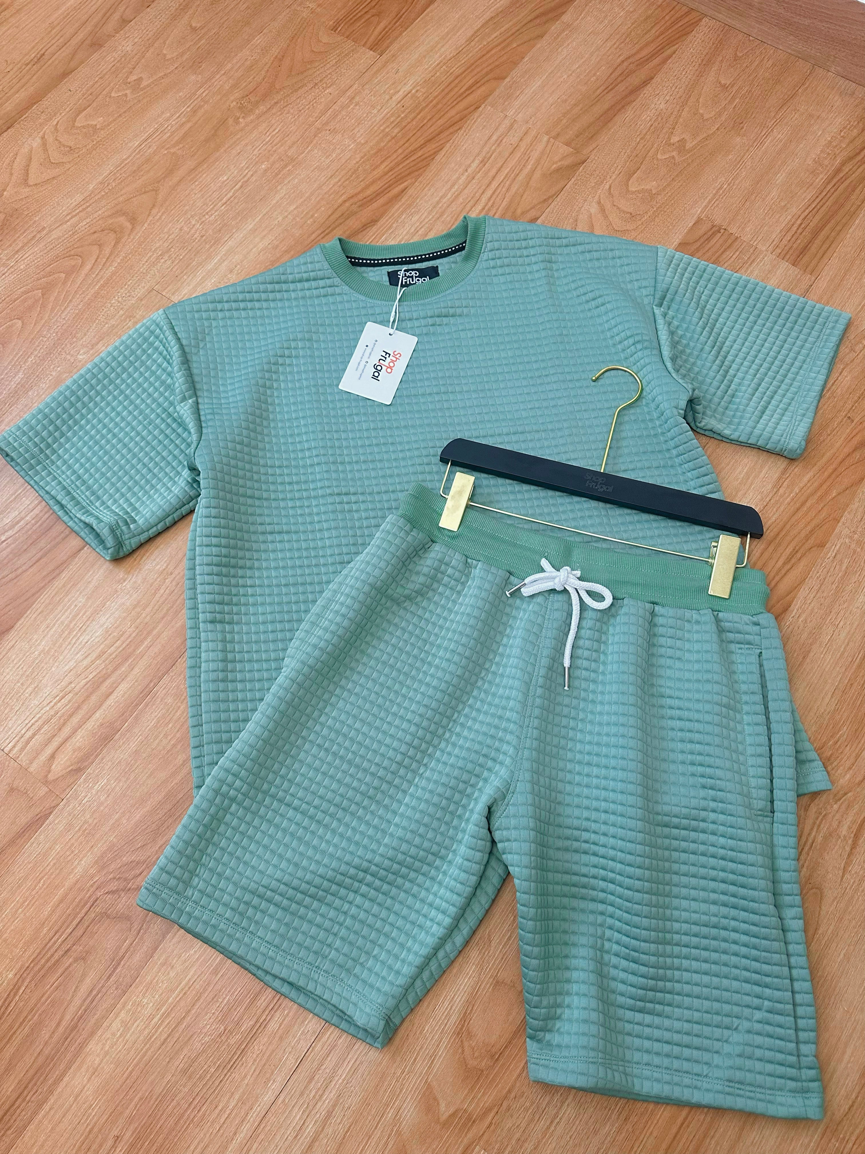 Carly Waffle Knit Boxy Fit Cotton Two Piece Set - (Tshirt & Short)