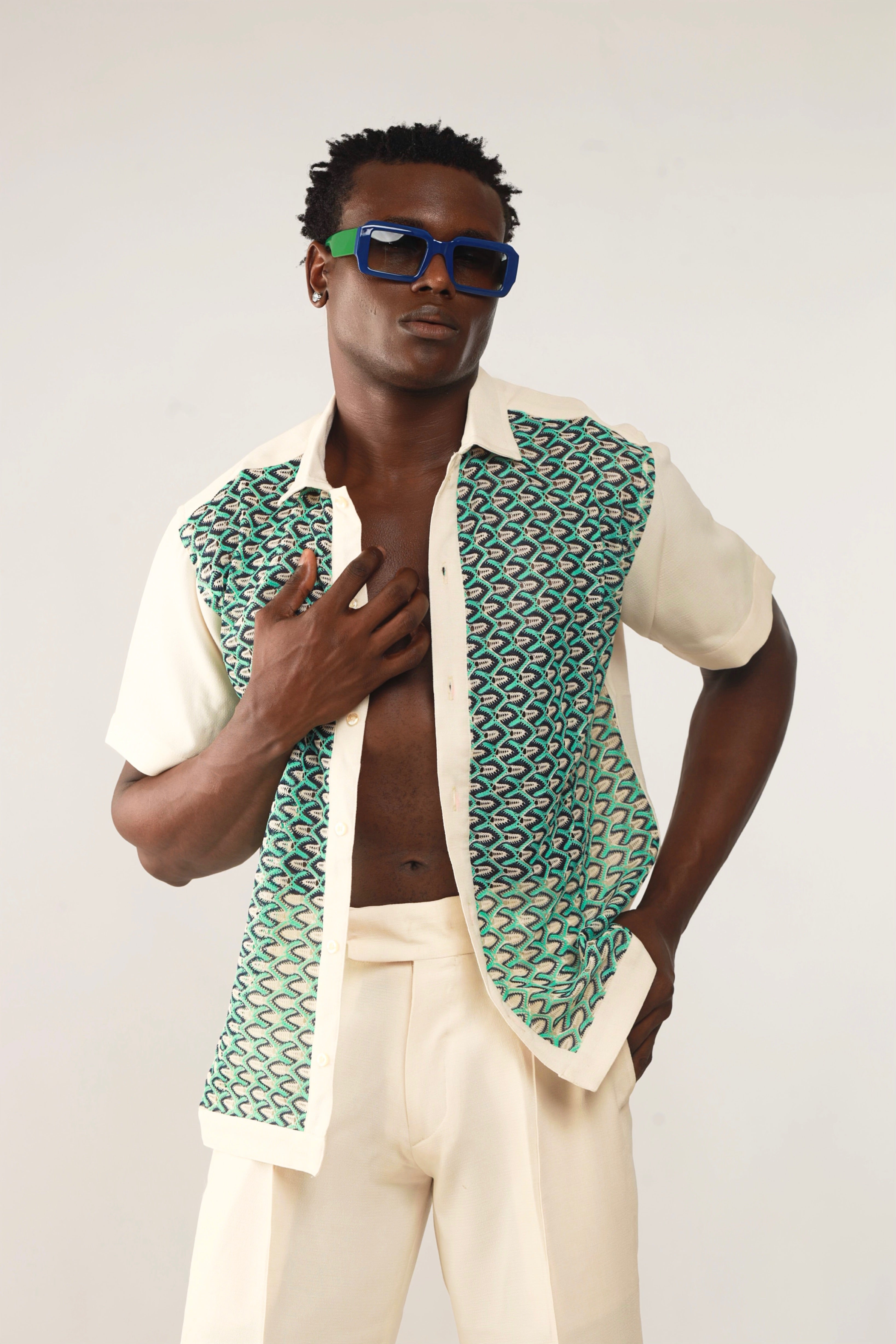 Cleo Resort Lace Print Shirt - Oatmeal/Green