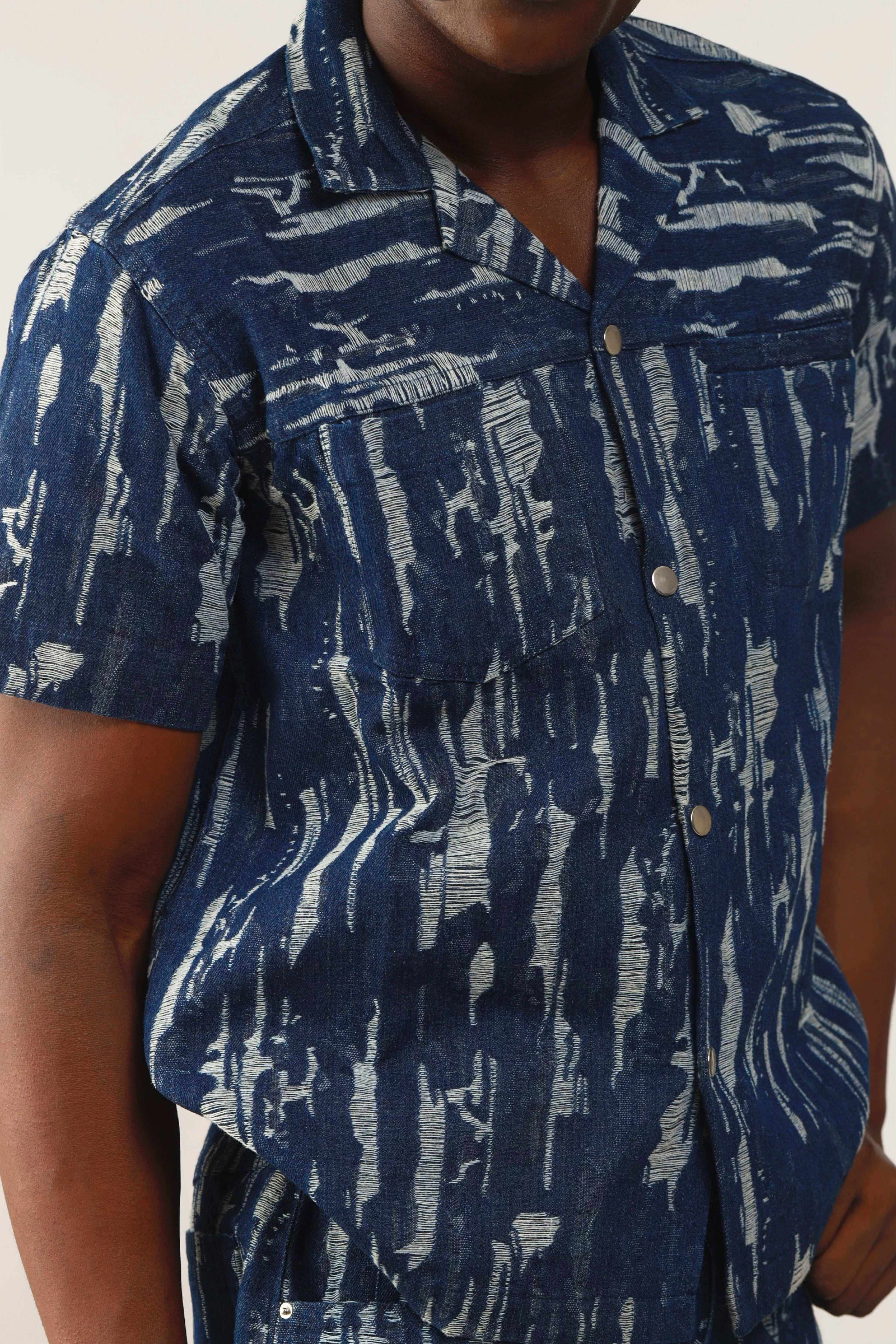 Cairo Distressed Denim Cuban Shirt & Short/Jort (Two-Piece Set)-3