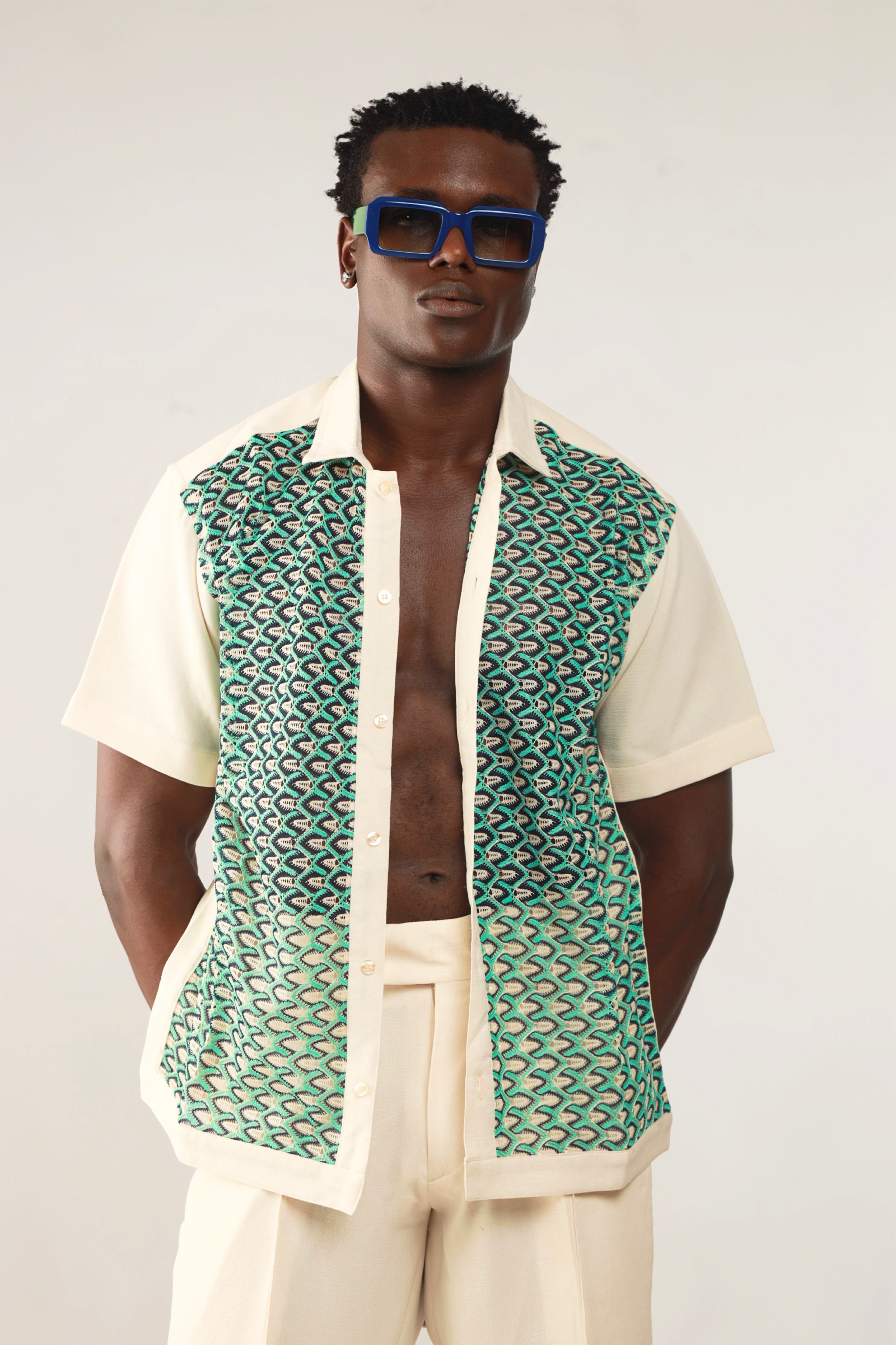 Cleo Resort Lace Print Shirt - Oatmeal/Green