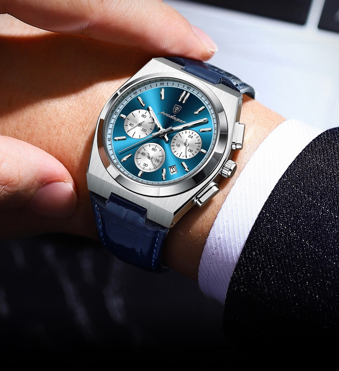 Anthony Chronograph Leather Strap Wristwatch - Gold/Silver/Blue-12