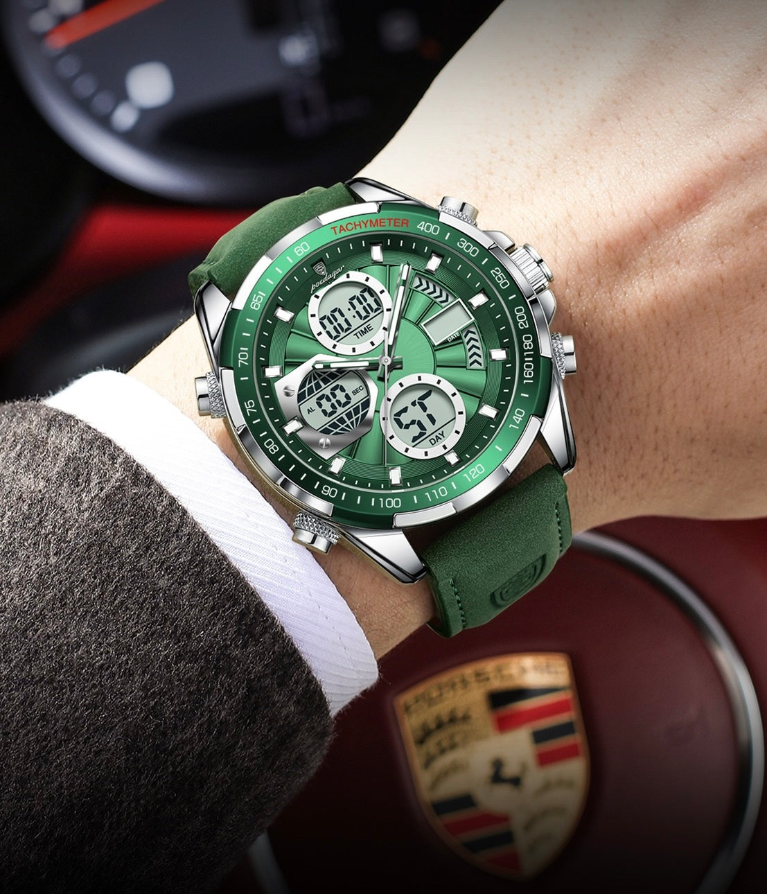 Antoine Chronograph Leather Strap Wristwatch - Green
