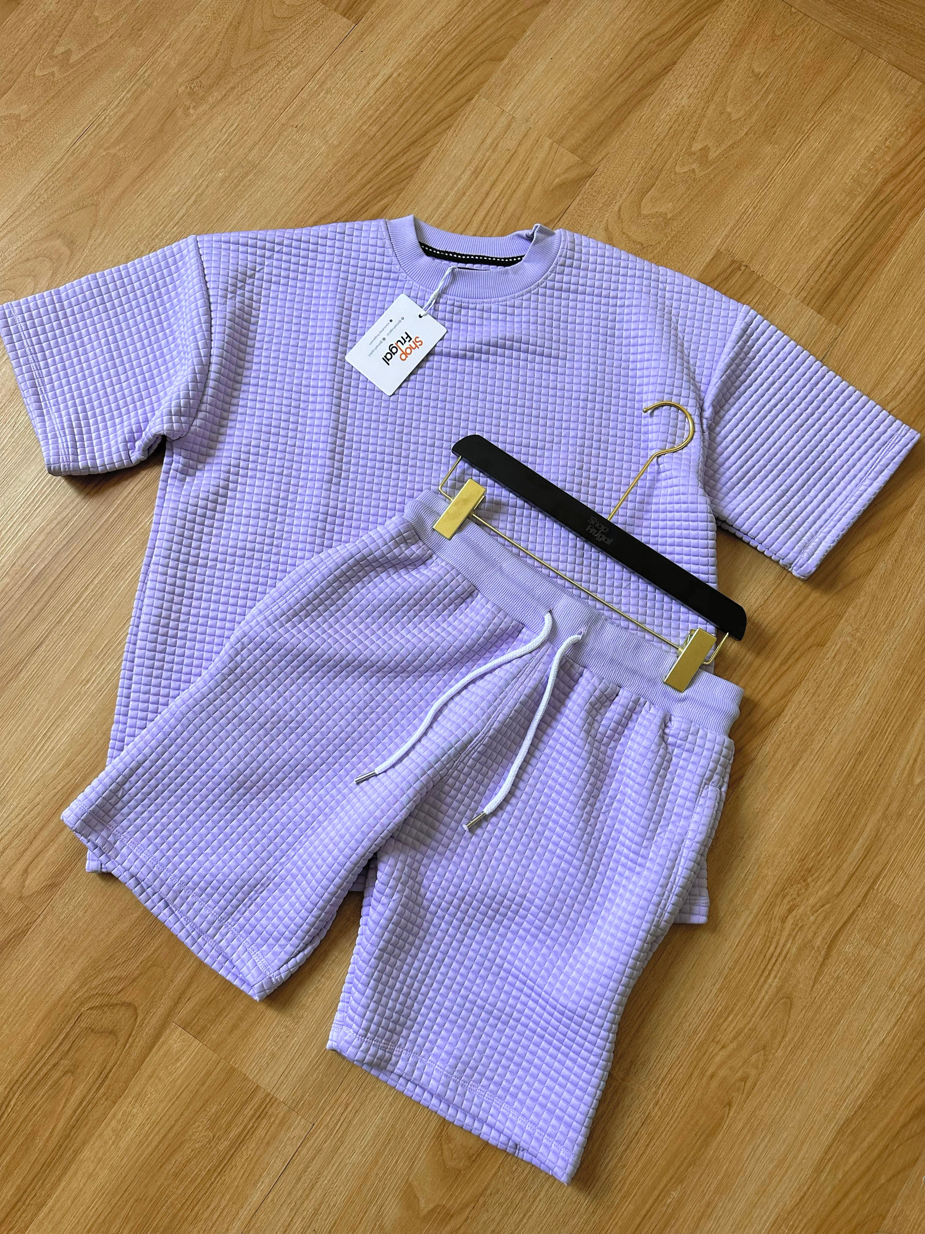 Carly Waffle Knit Boxy Fit Cotton Two Piece Set - (Tshirt & Short)