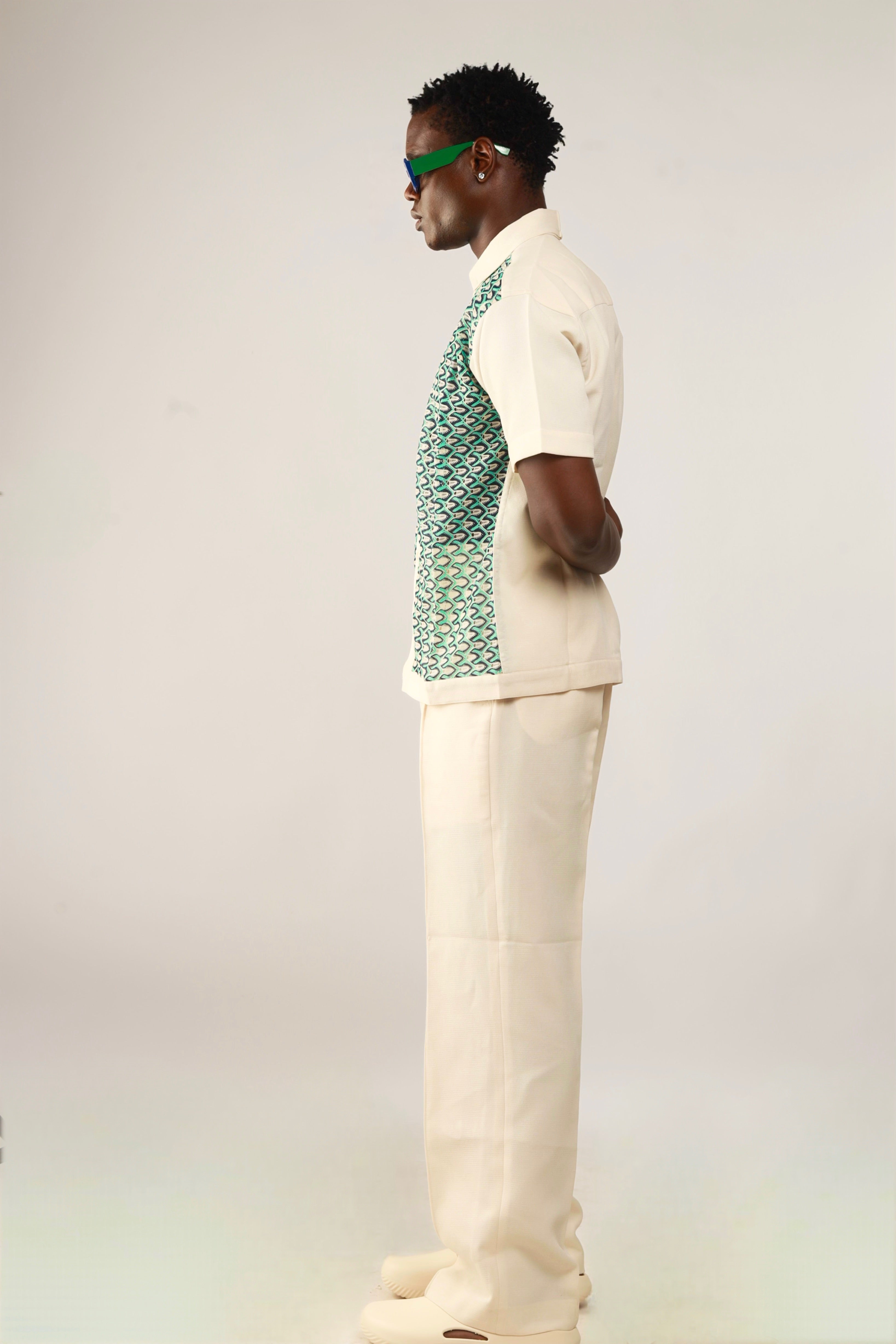 Cleo Resort Lace Print Shirt - Oatmeal/Green