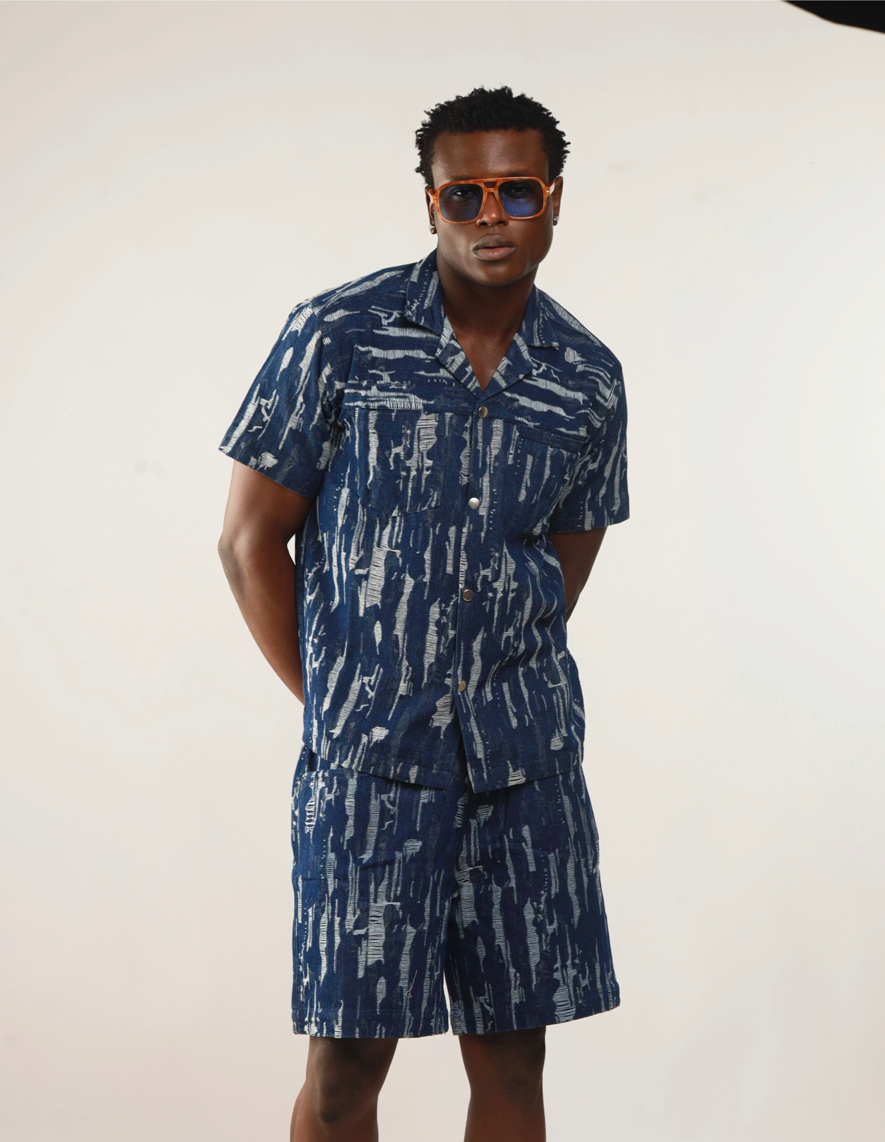 Cairo Distressed Denim Cuban Shirt & Short/Jort (Two-Piece Set)