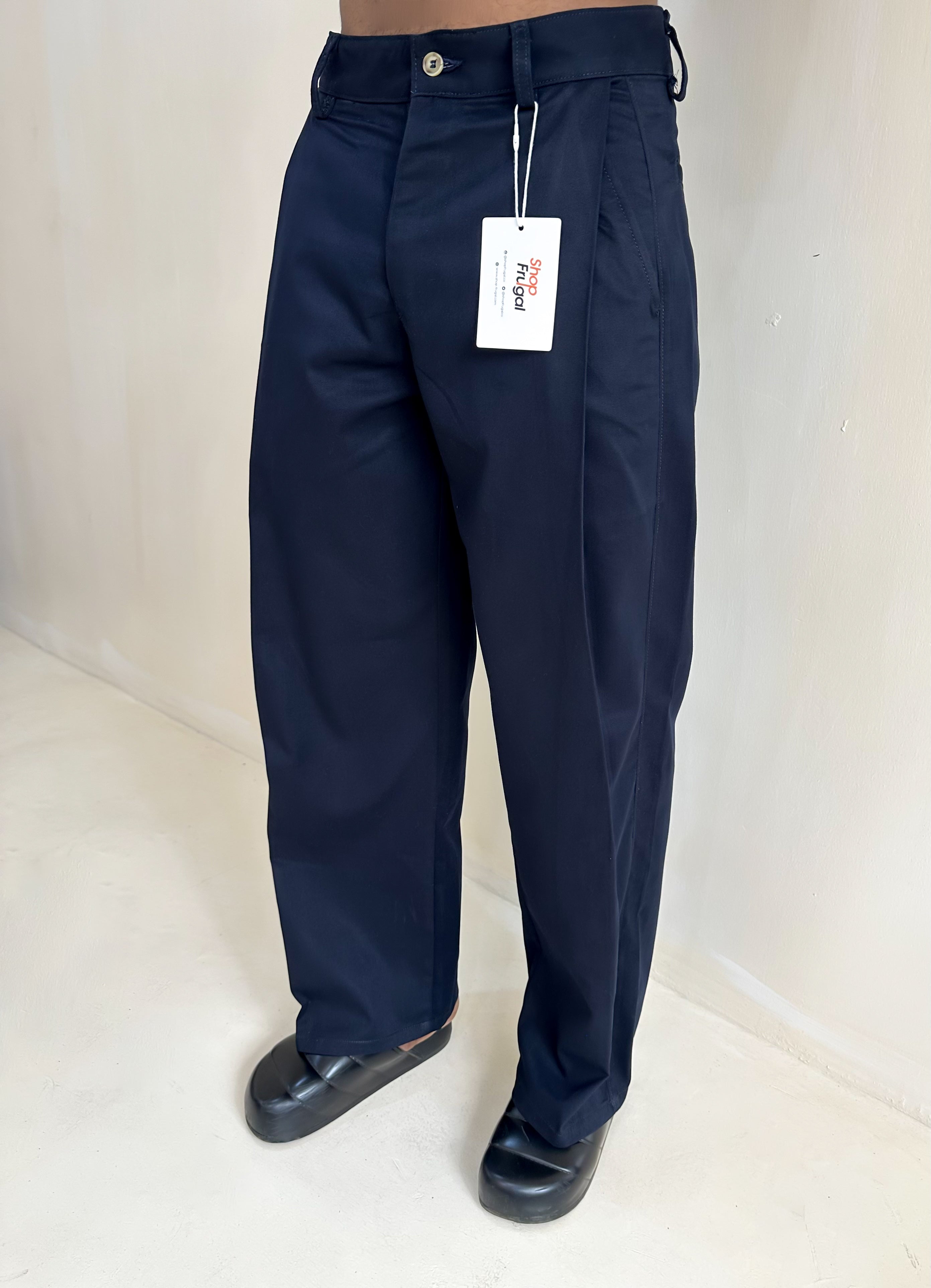 Carlo Oxford Wide-Leg Boxy Pleated Trouser - Navy Blue