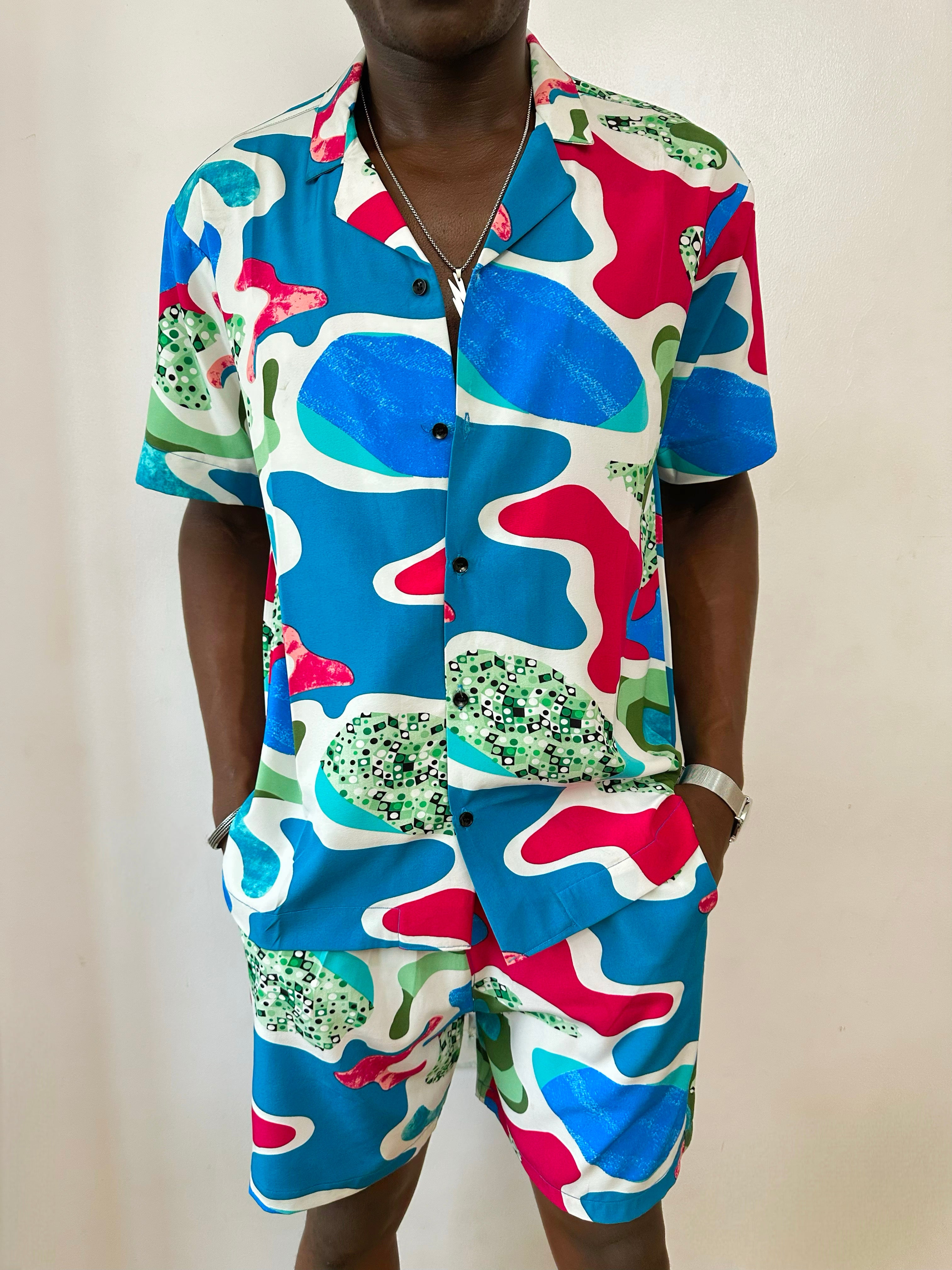 Cortez Relaxed Abstract Print Two-Piece Set (Cuban Shirt & Short)