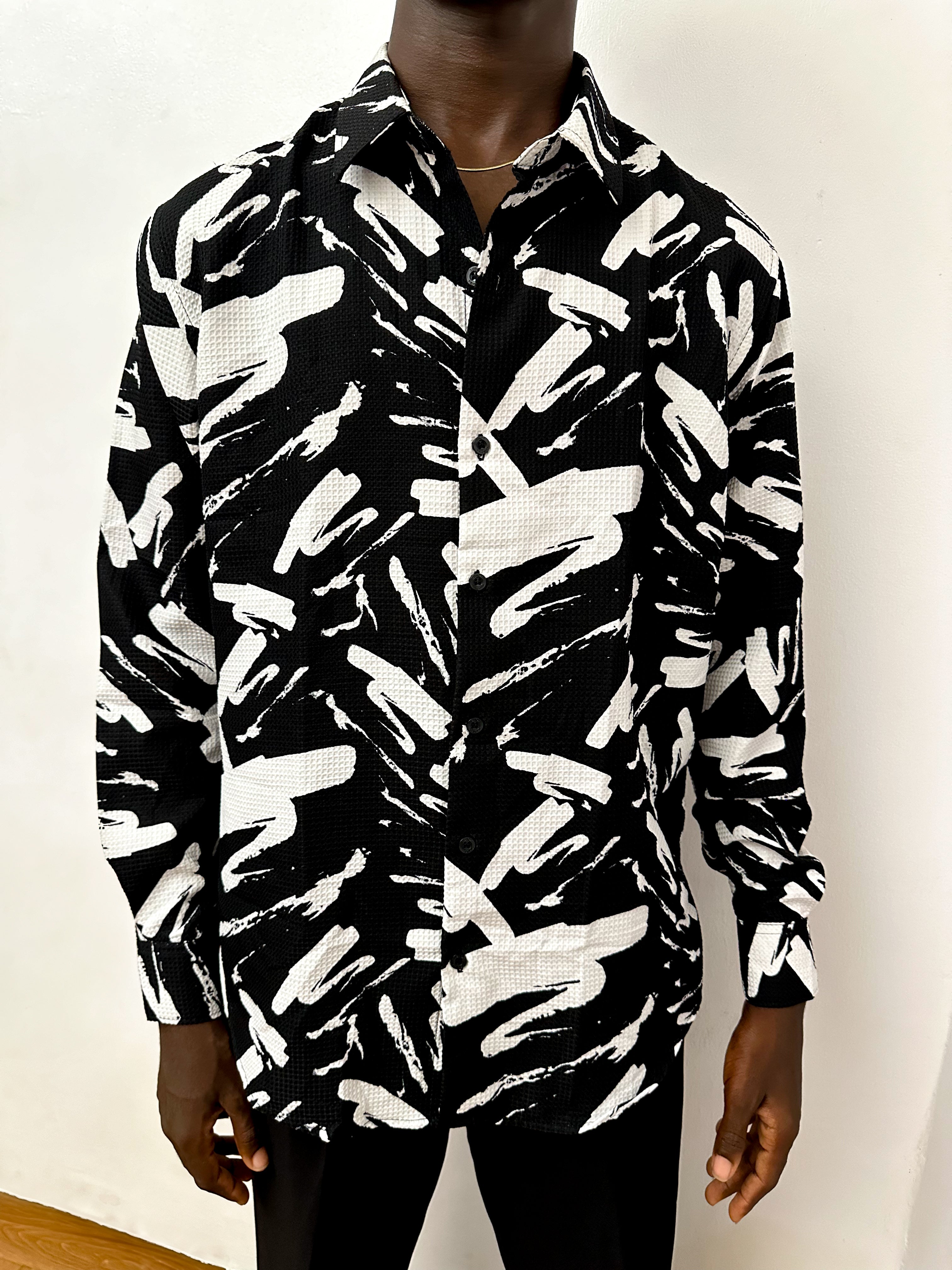 Casen Splash Waffle Print Longsleeve Shirt - Black