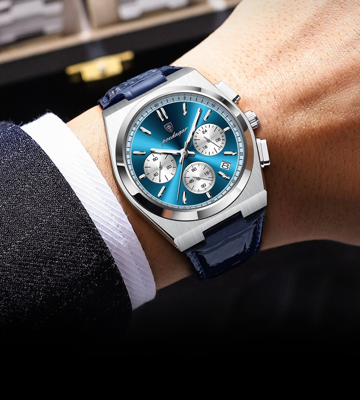 Anthony Chronograph Leather Strap Wristwatch - Gold/Silver/Blue-11