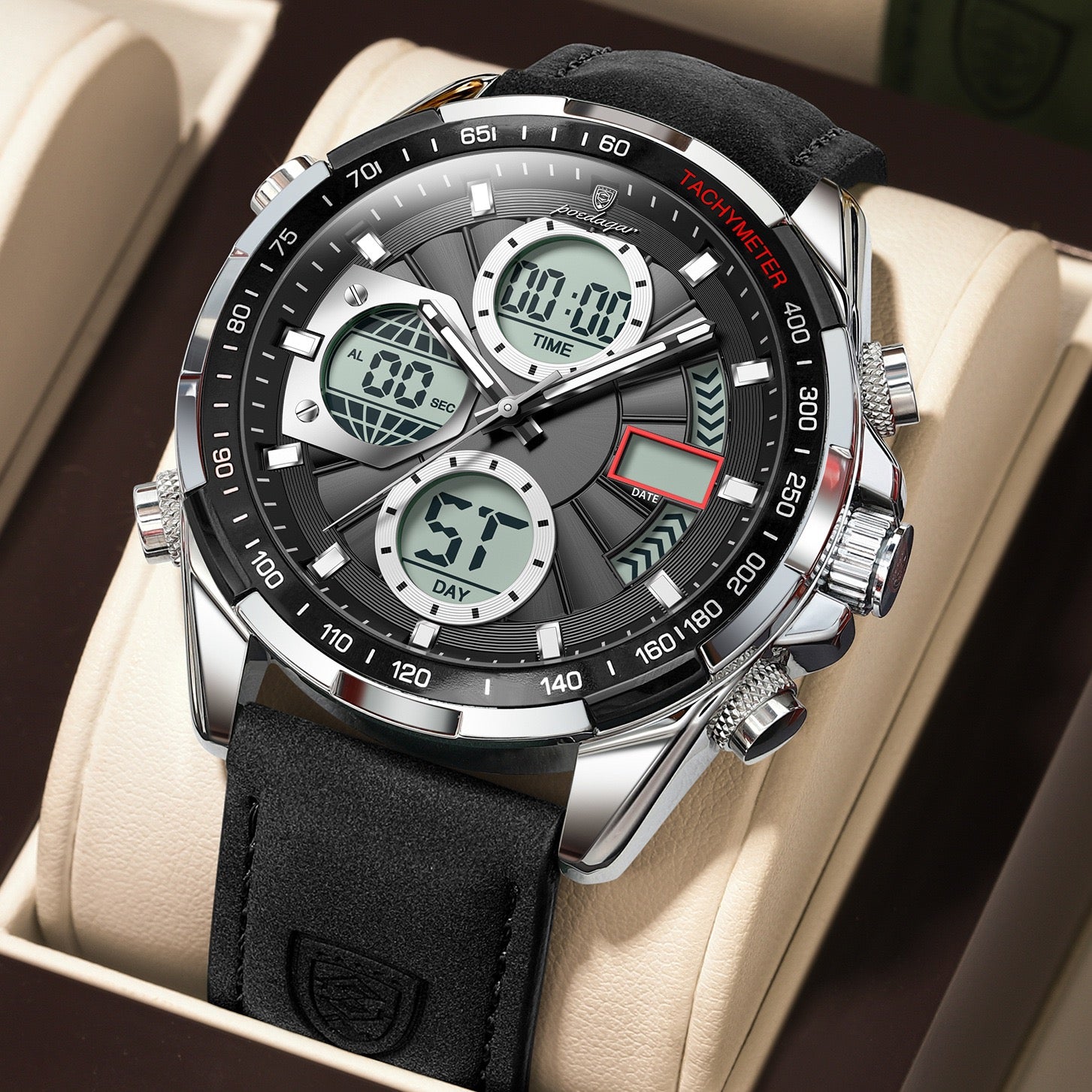 Antoine Chronograph Leather Strap Wristwatch - Black/Silver