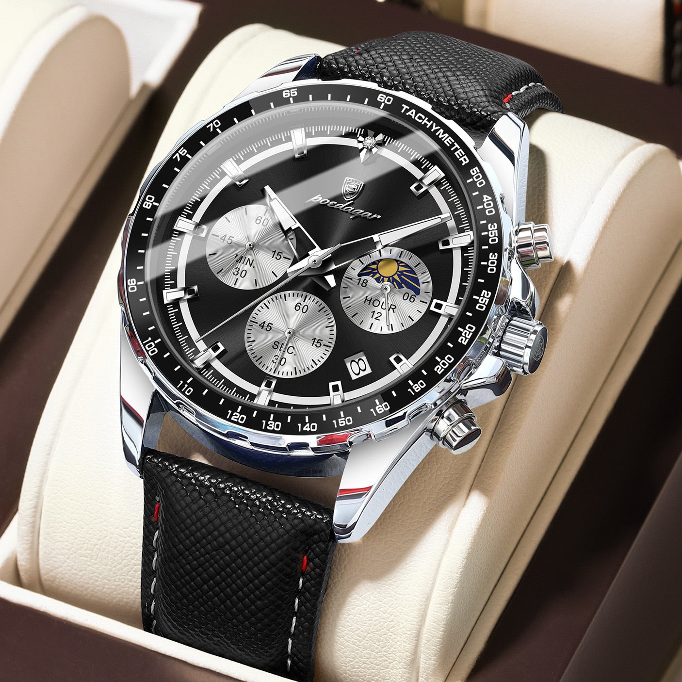 Axel Chronograph Leather Strap Wristwatch - Black/Silver