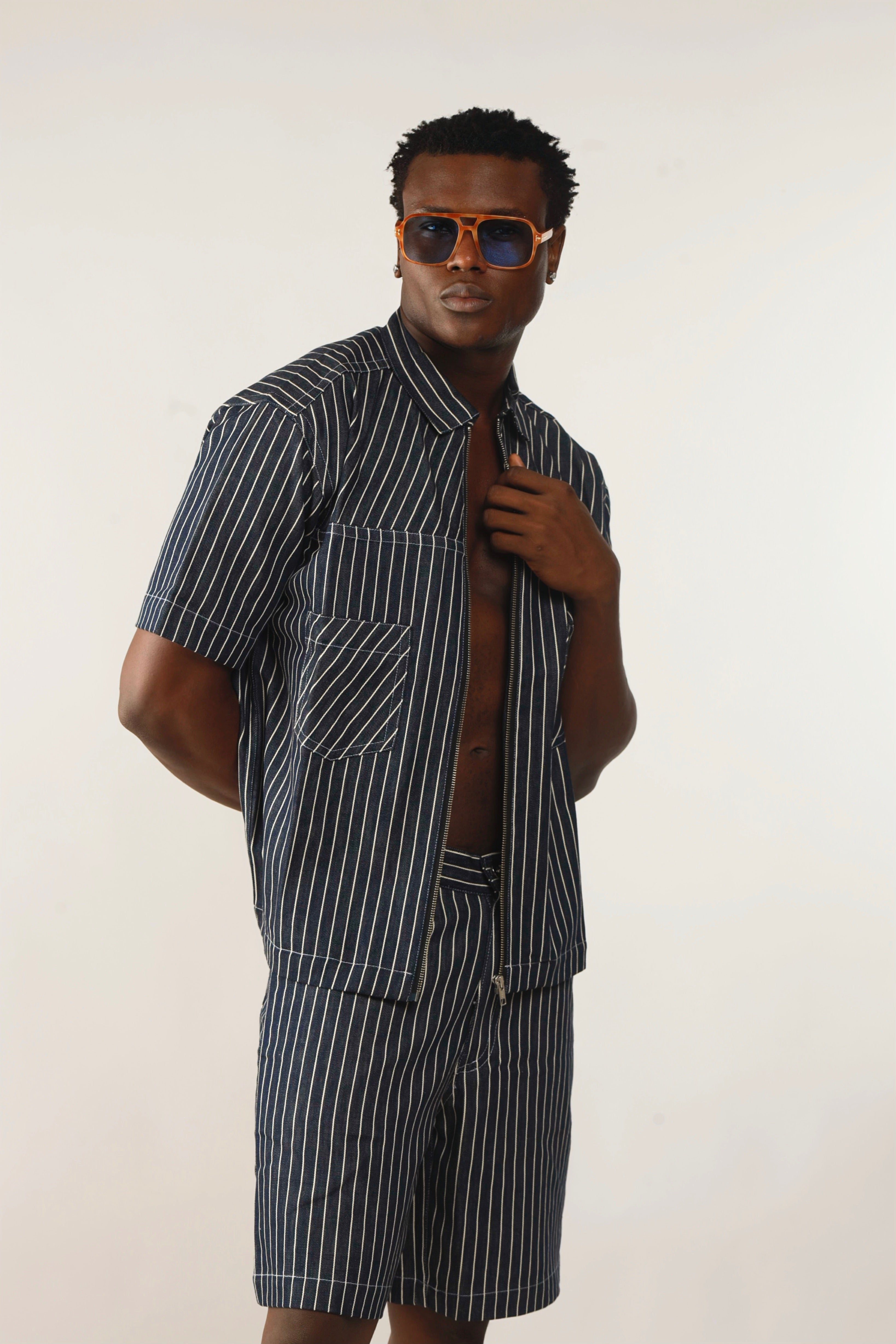 Claire Stripe Denim Zipper Shirt Jacket