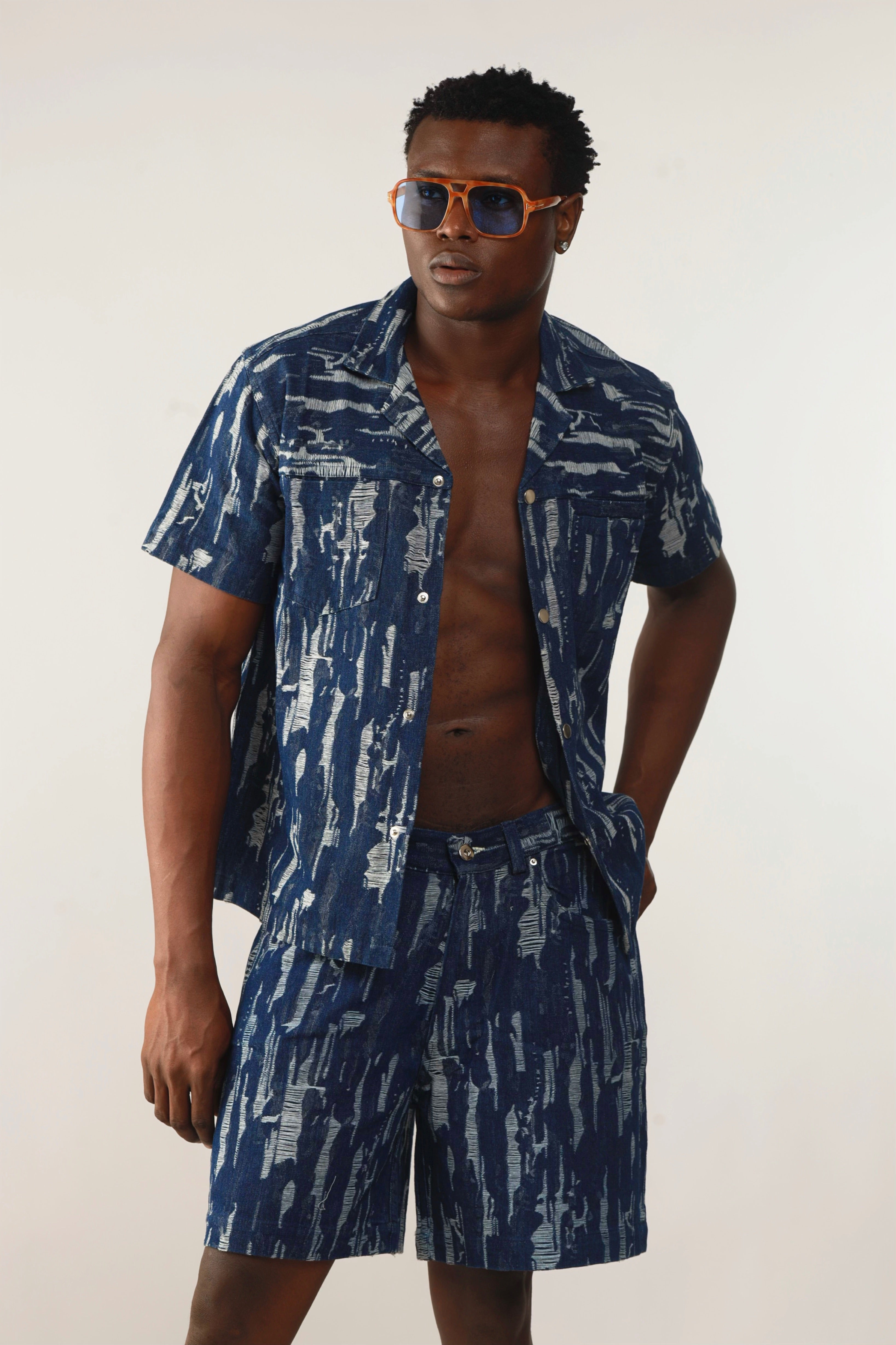 Cairo Distressed Denim Cuban Shirt & Short/Jort (Two-Piece Set)-7