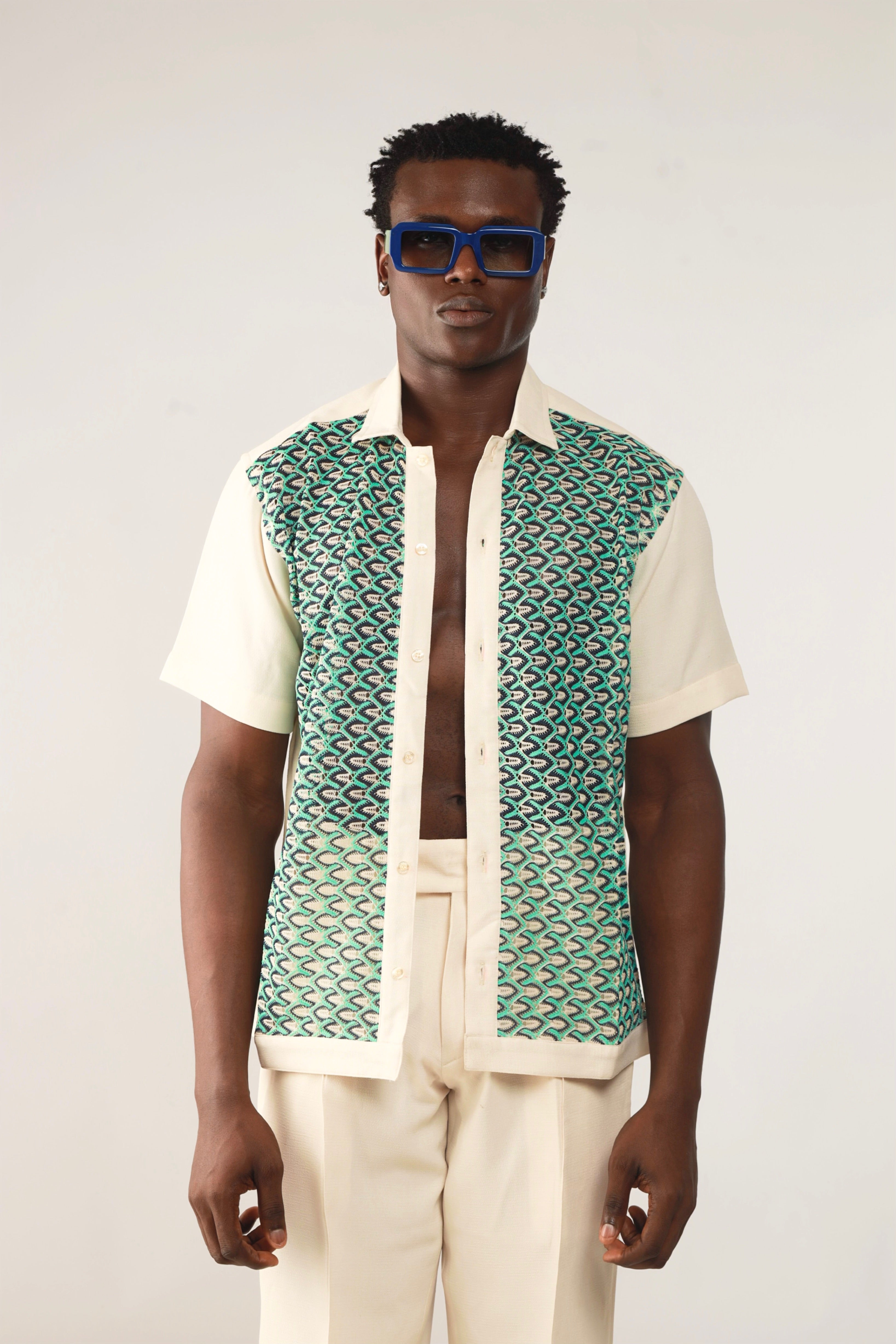 Cleo Resort Lace Print Shirt - Oatmeal/Green