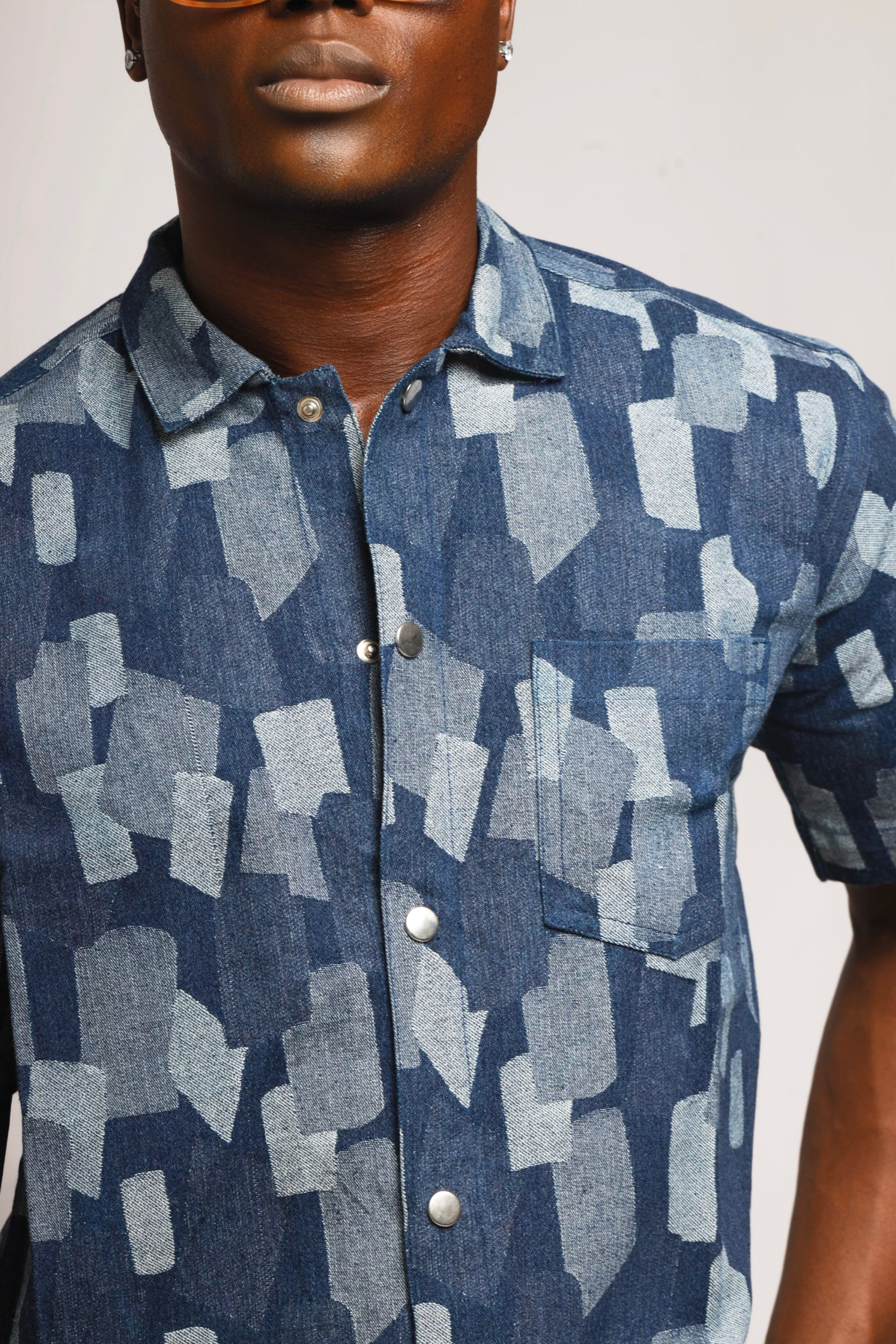 Callum Block Print Denim Cropped Overshirt