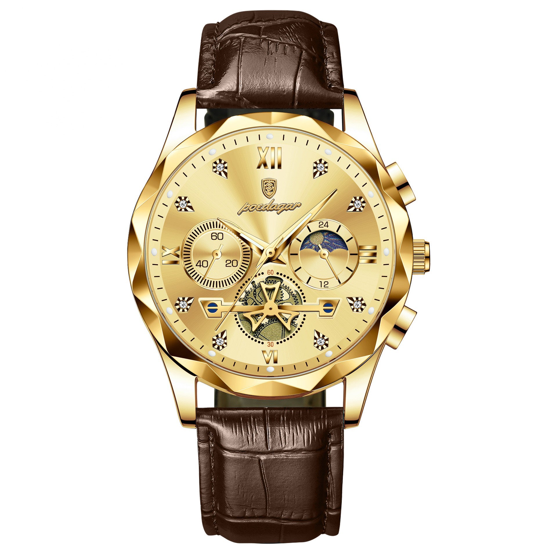 Andrew Chronograph Leather Strap Wristwatch - Gold/Brown