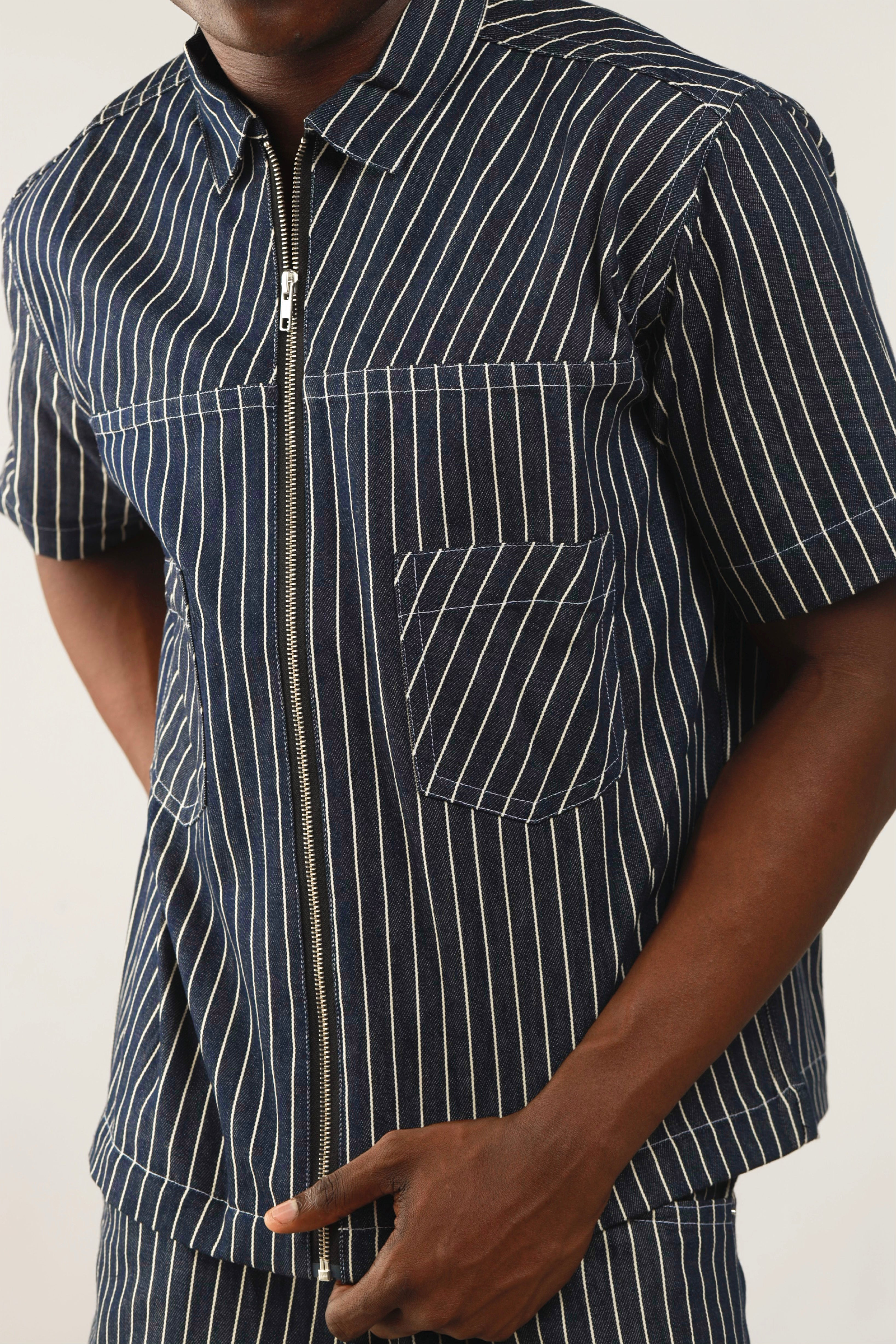 Claire Stripe Denim Zipper Shirt Jacket