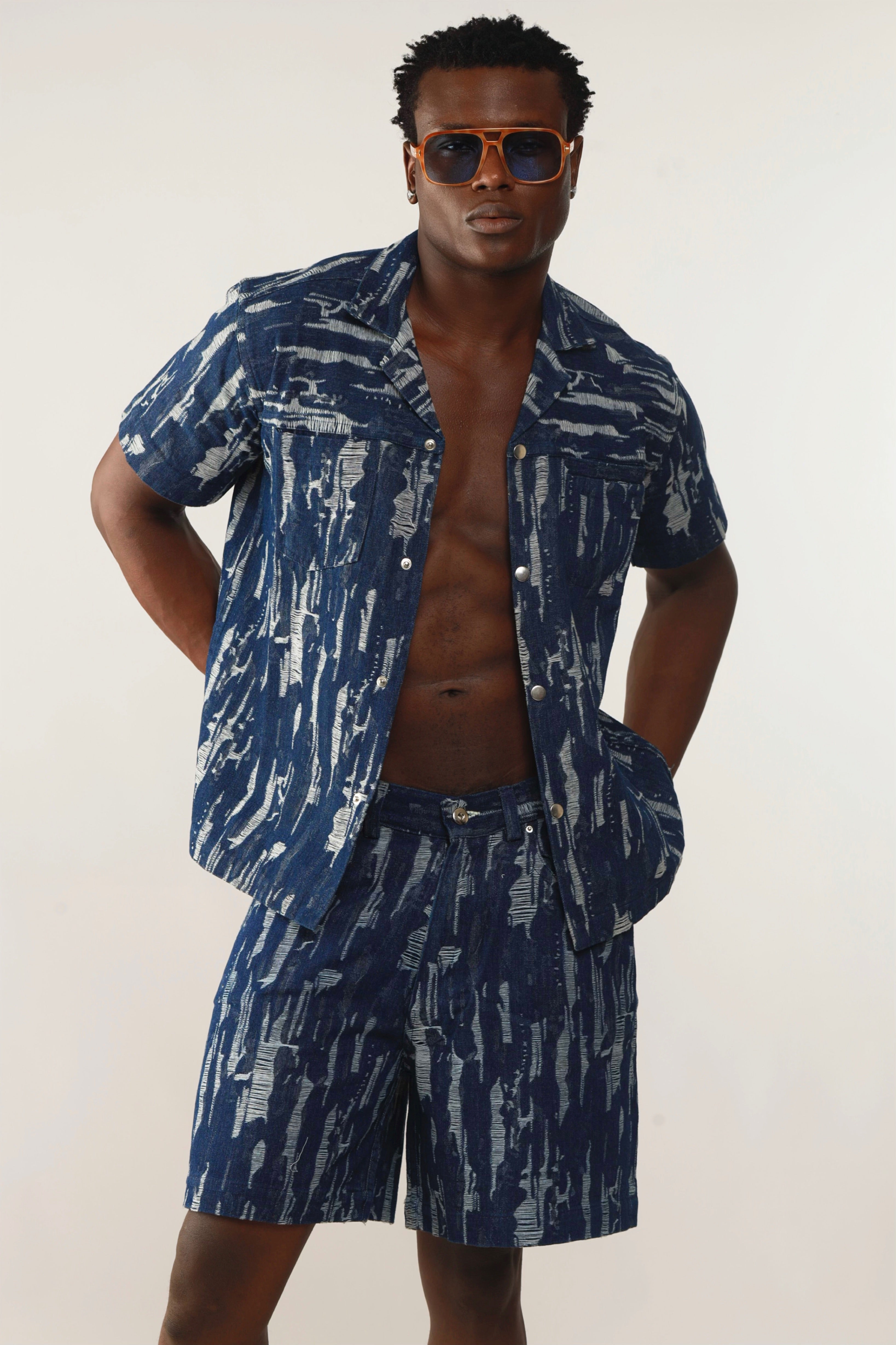 Cairo Distressed Denim Cuban Shirt & Short/Jort (Two-Piece Set)-15