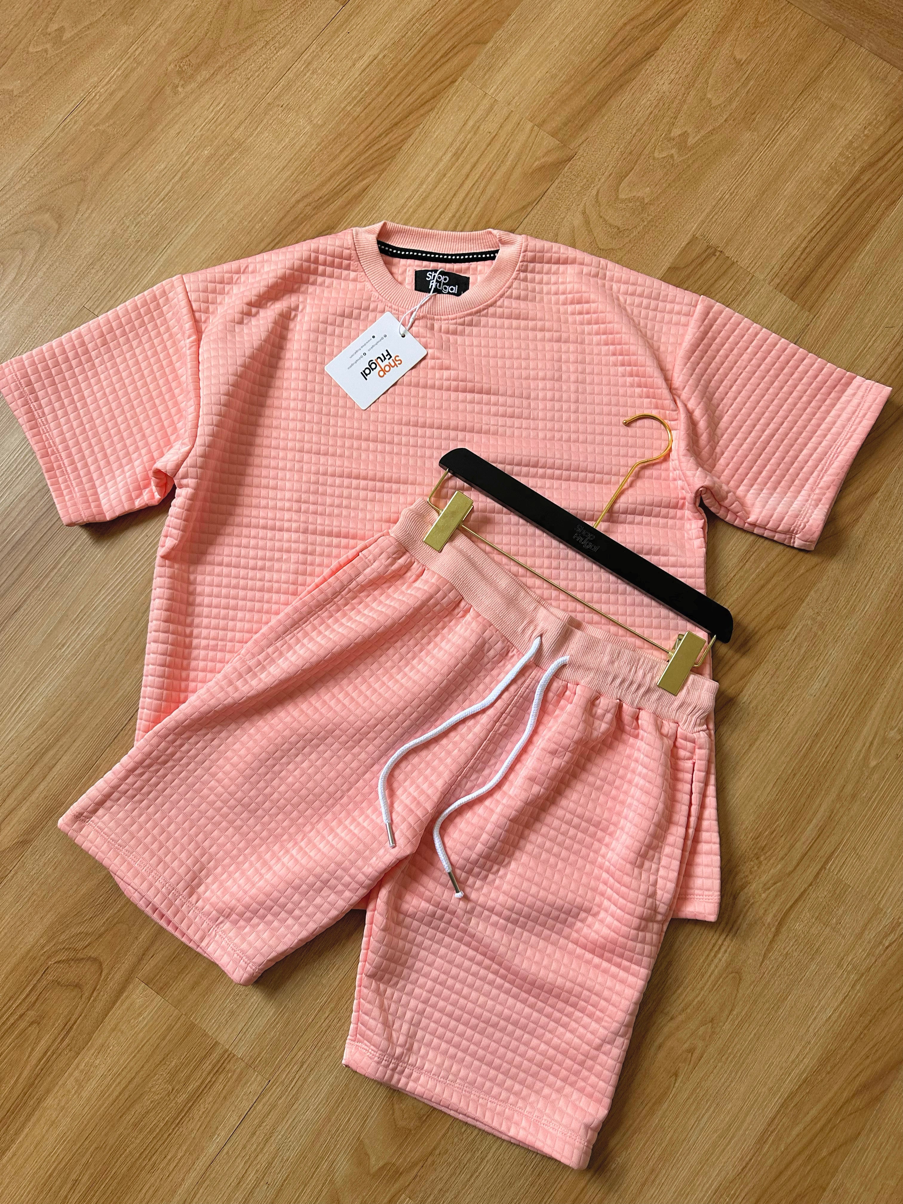 Carly Waffle Knit Boxy Fit Cotton Two Piece Set - (Tshirt & Short)