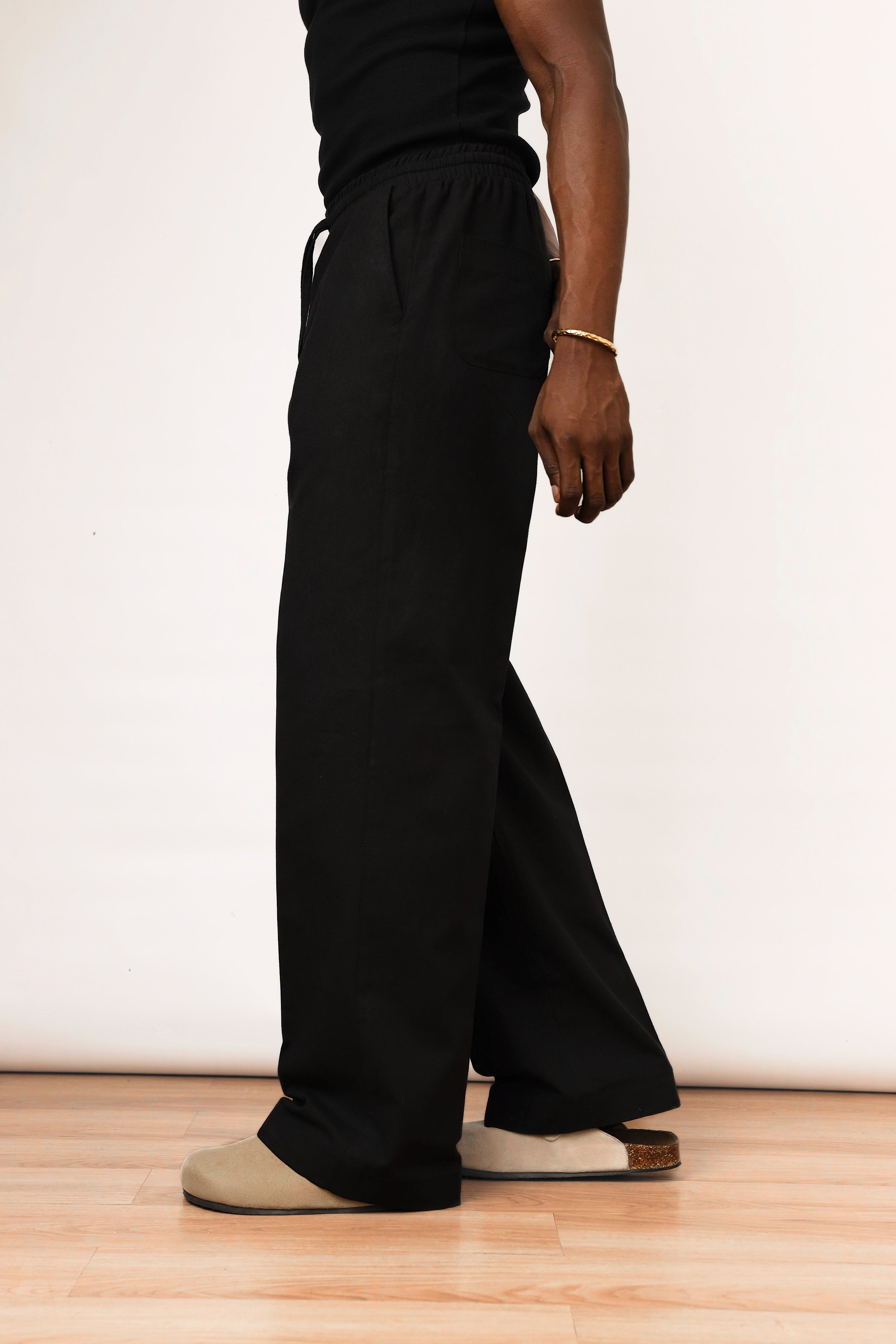 Cairo Linen Blend Baggy Drawstring Pants - Black