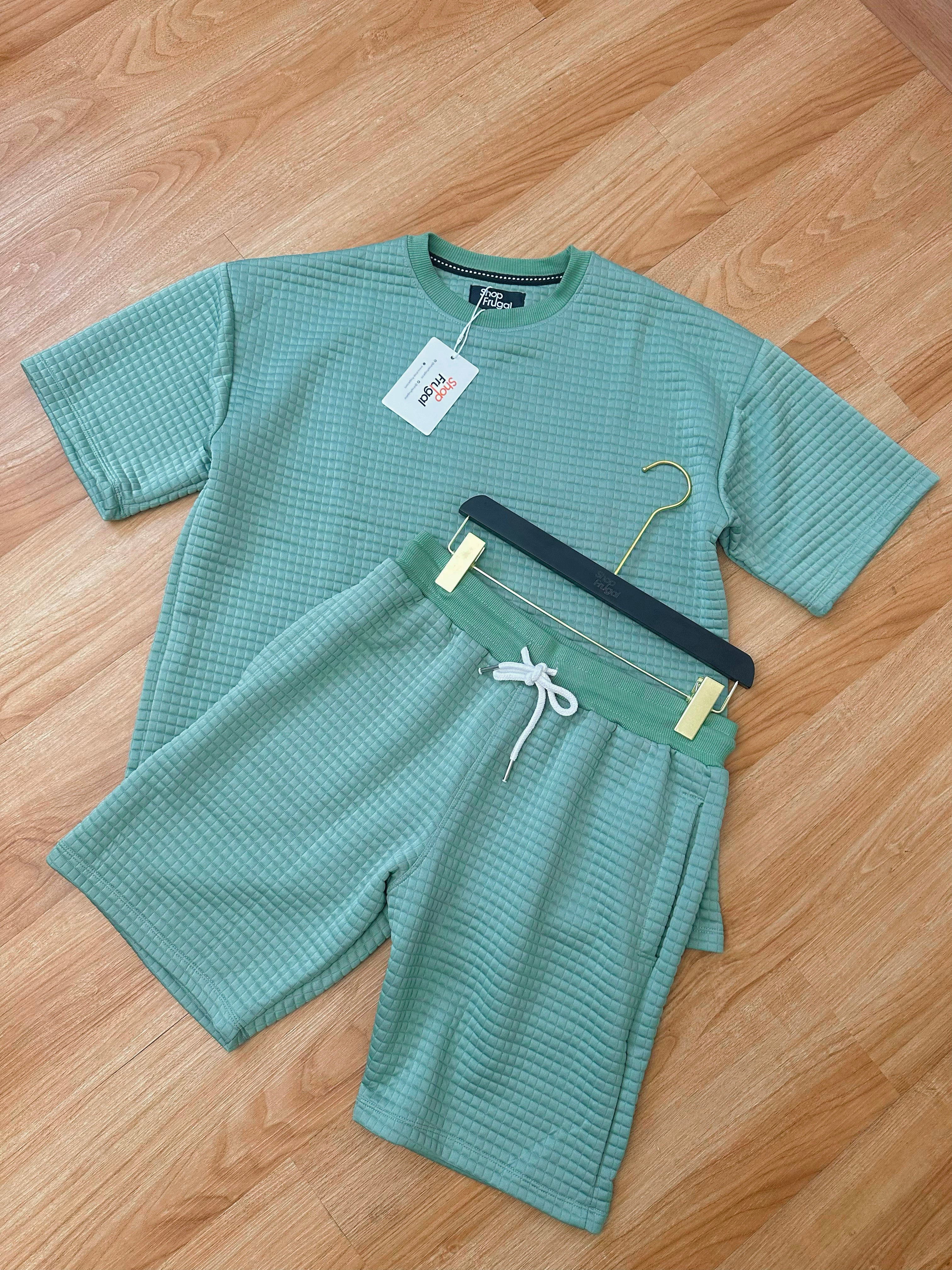 Carly Waffle Knit Boxy Fit Cotton Two Piece Set - (Tshirt & Short)