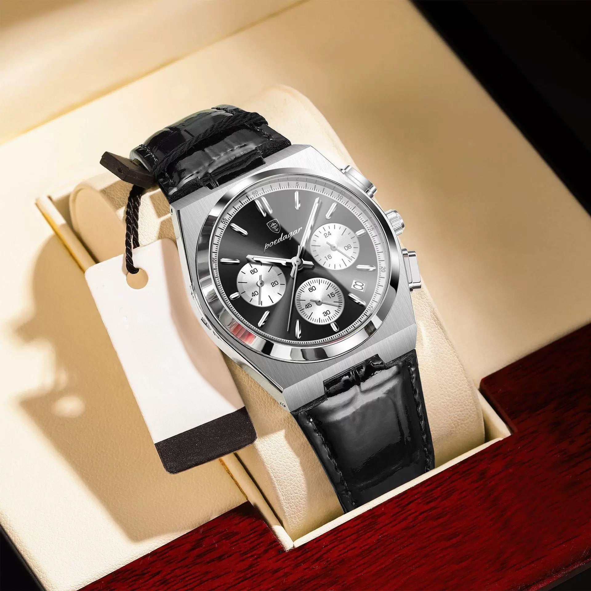 Anthony Chronograph Leather Strap Wristwatch - Silver/Black