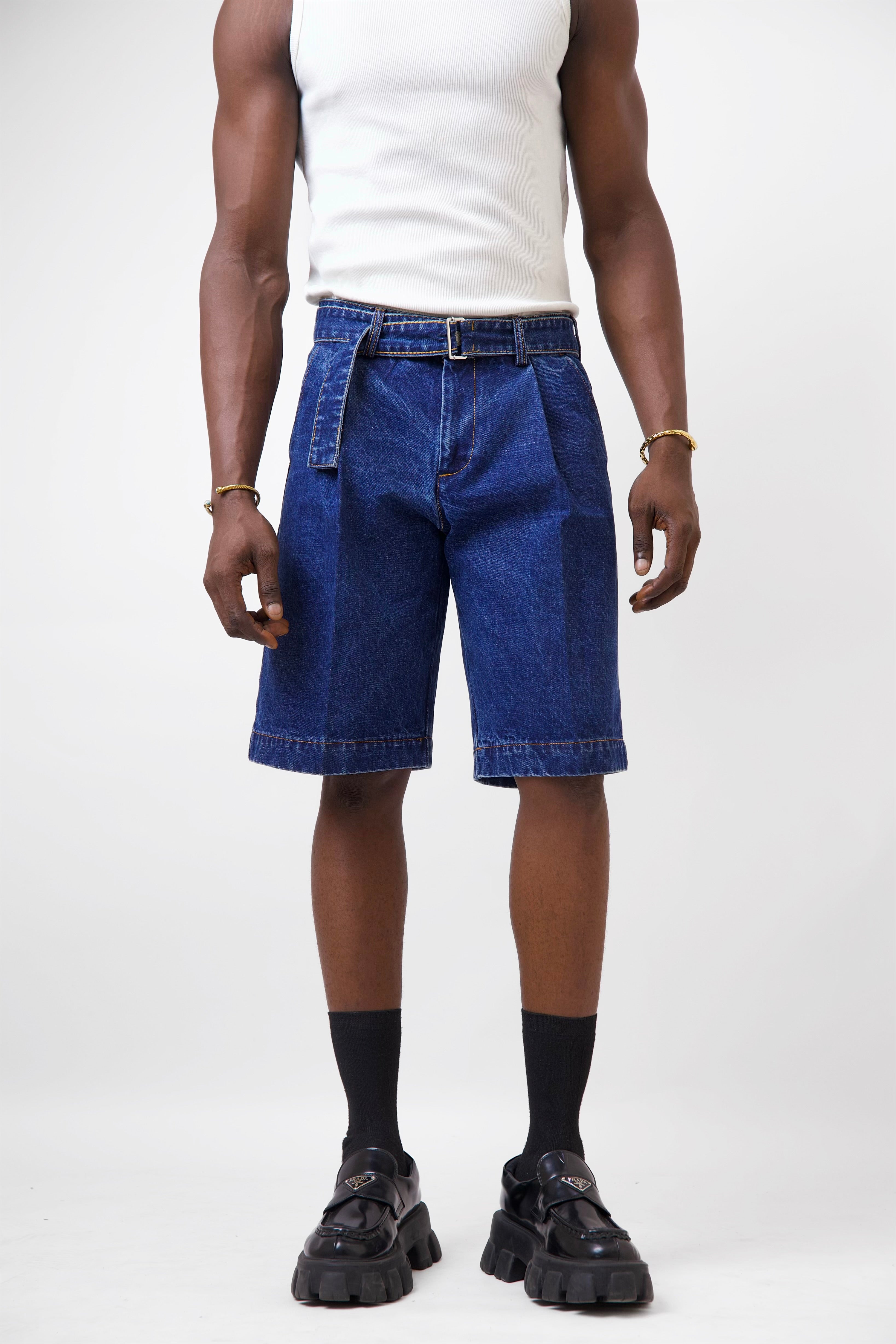 Claire Oxford Pleated Denim Short With Belt-2