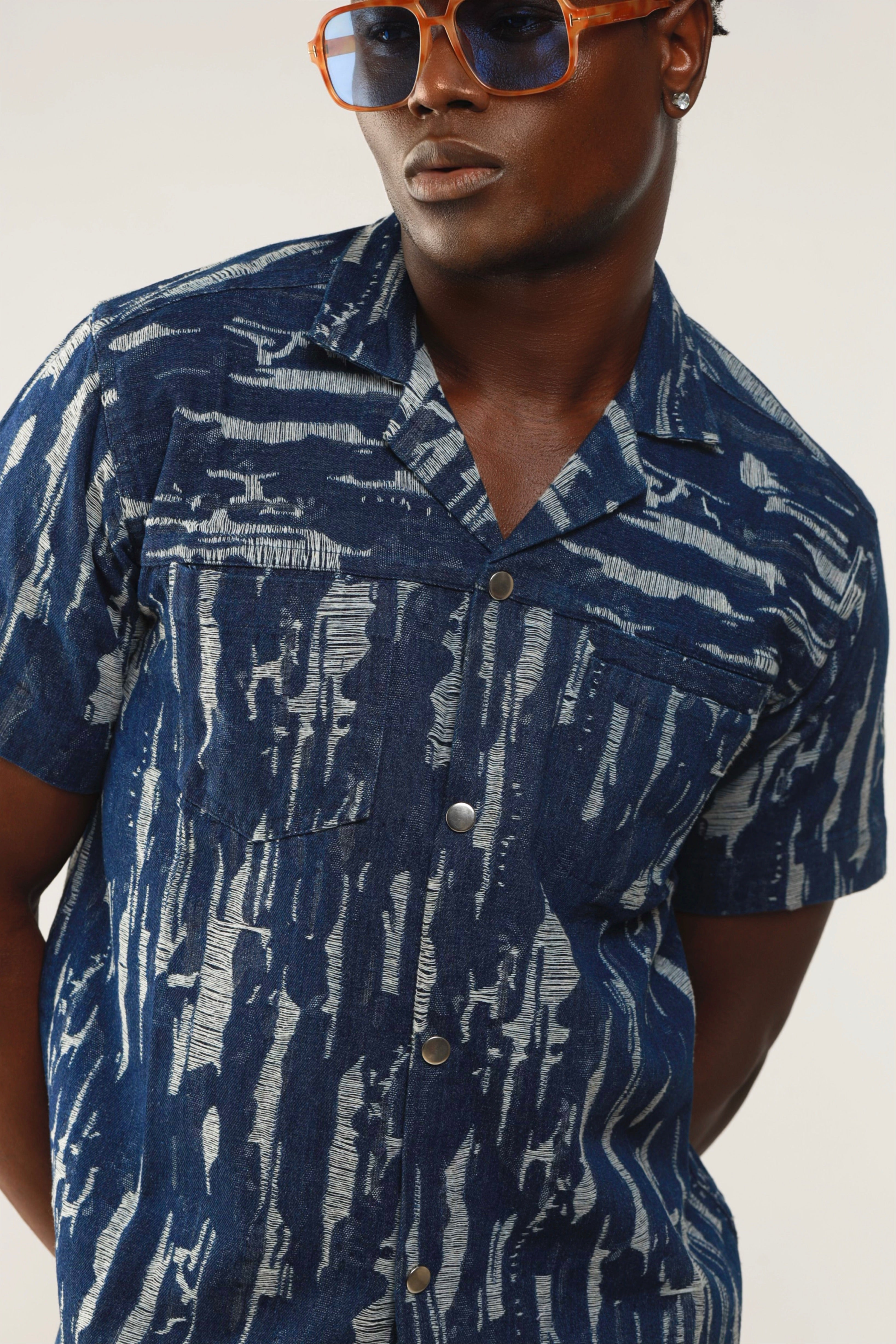 Cairo Distressed Denim Cuban Shirt & Short/Jort (Two-Piece Set)-5