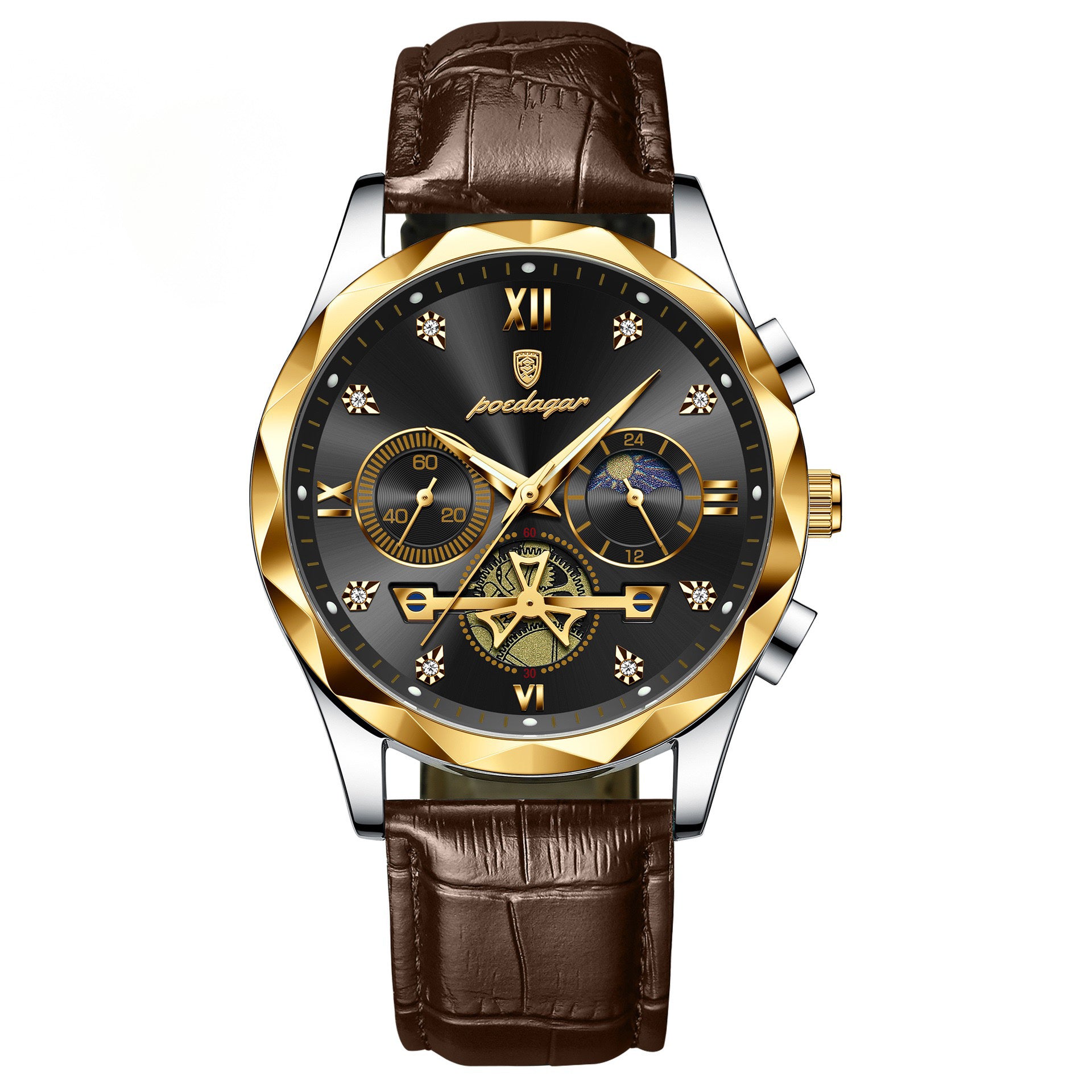 Andrew Chronograph Leather Strap Wristwatch - Brown/Black/Gold