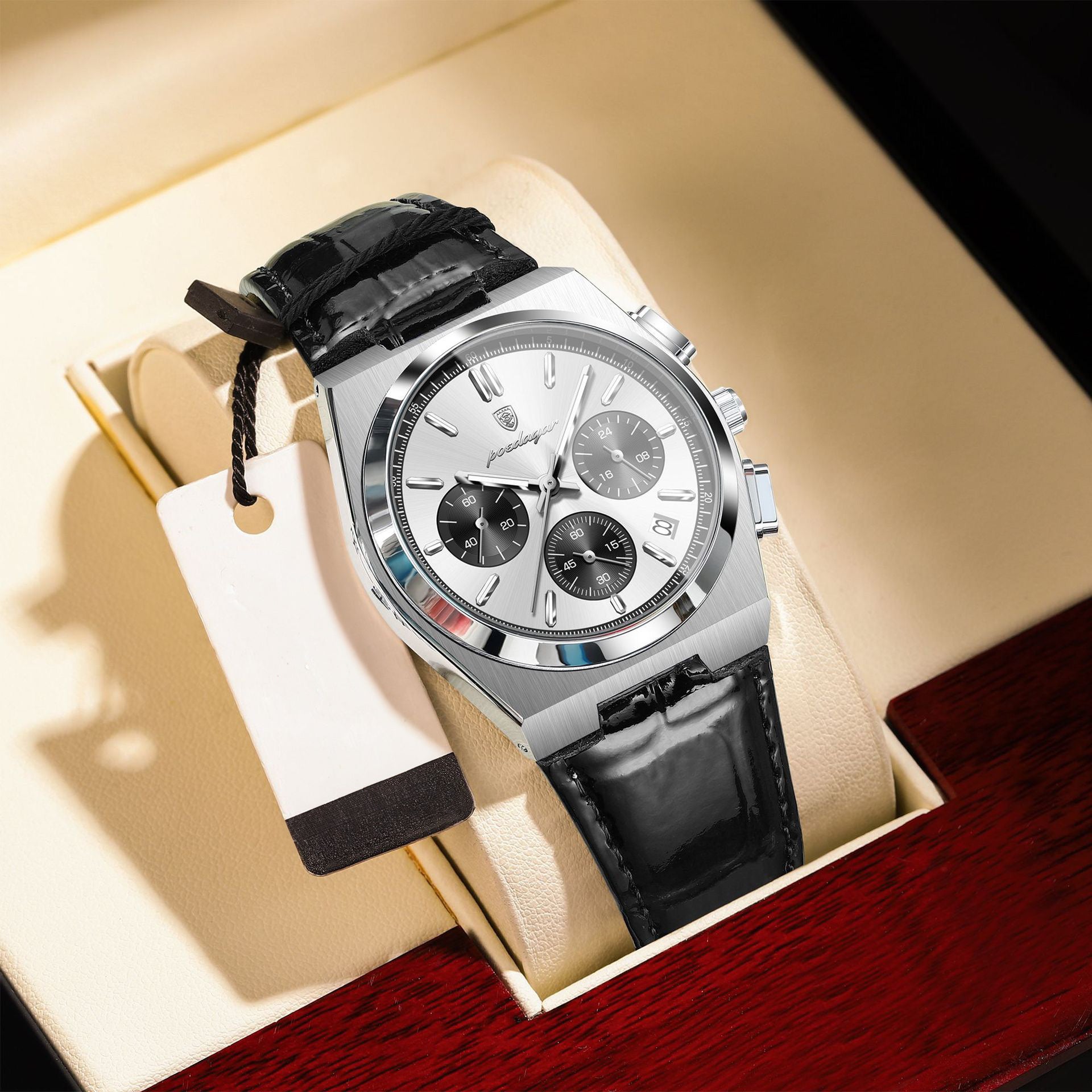 Anthony Chronograph Leather Strap Wristwatch - Black/Silver/White