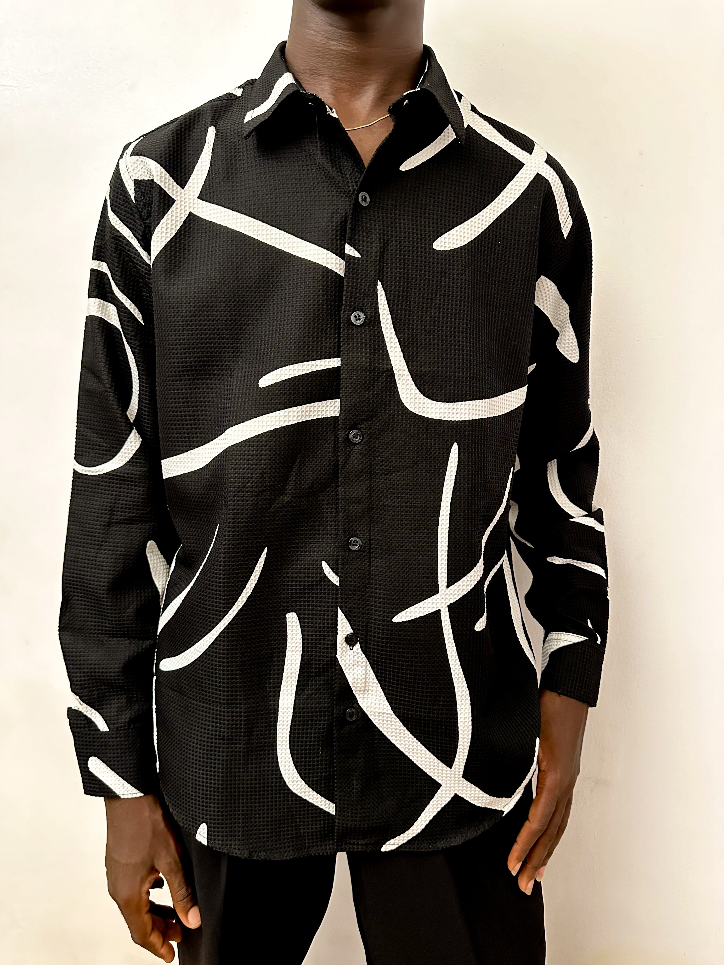 Cedric Doodle Waffle Print Longsleeve Shirt - Black