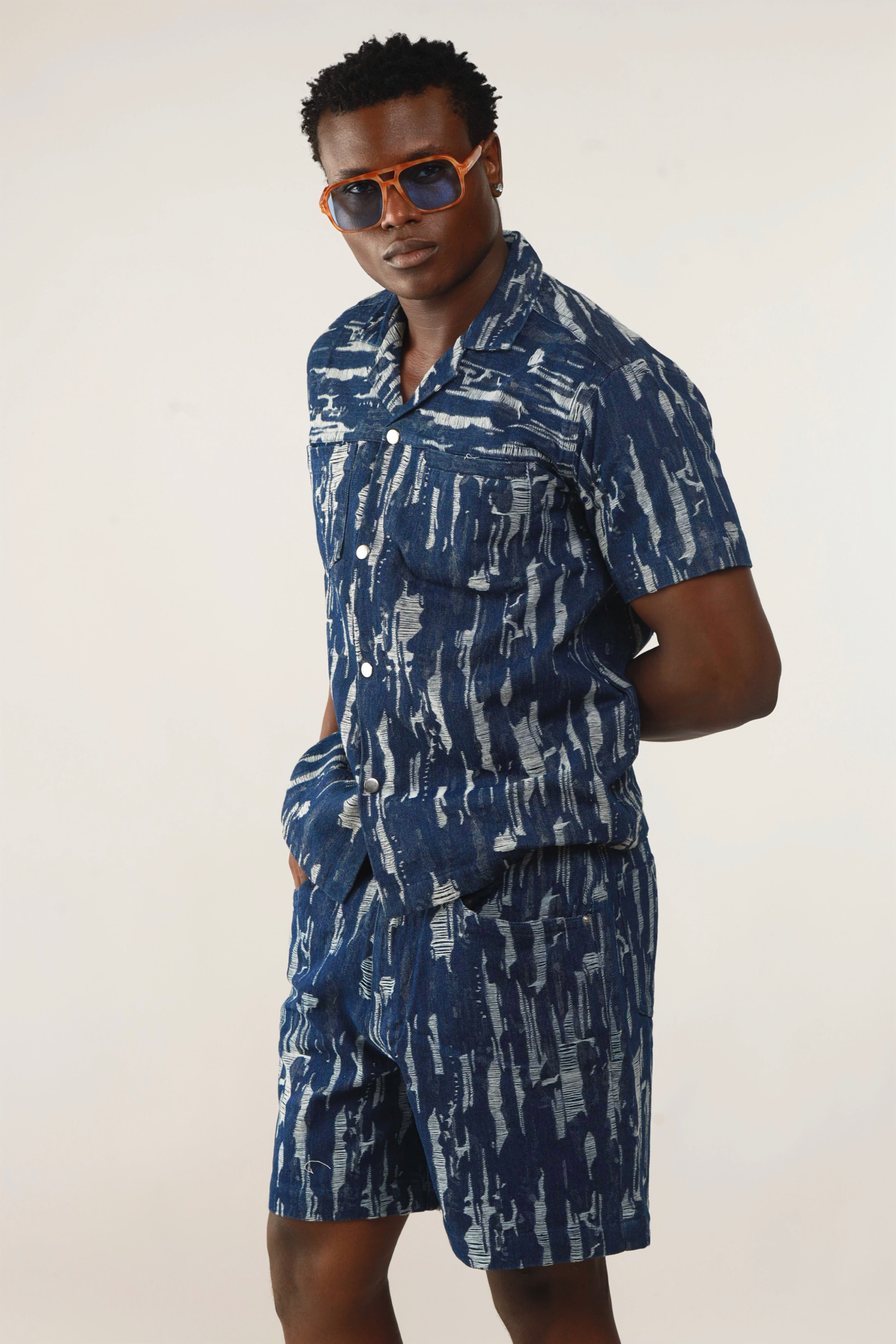 Cairo Distressed Denim Cuban Shirt & Short/Jort (Two-Piece Set)-9