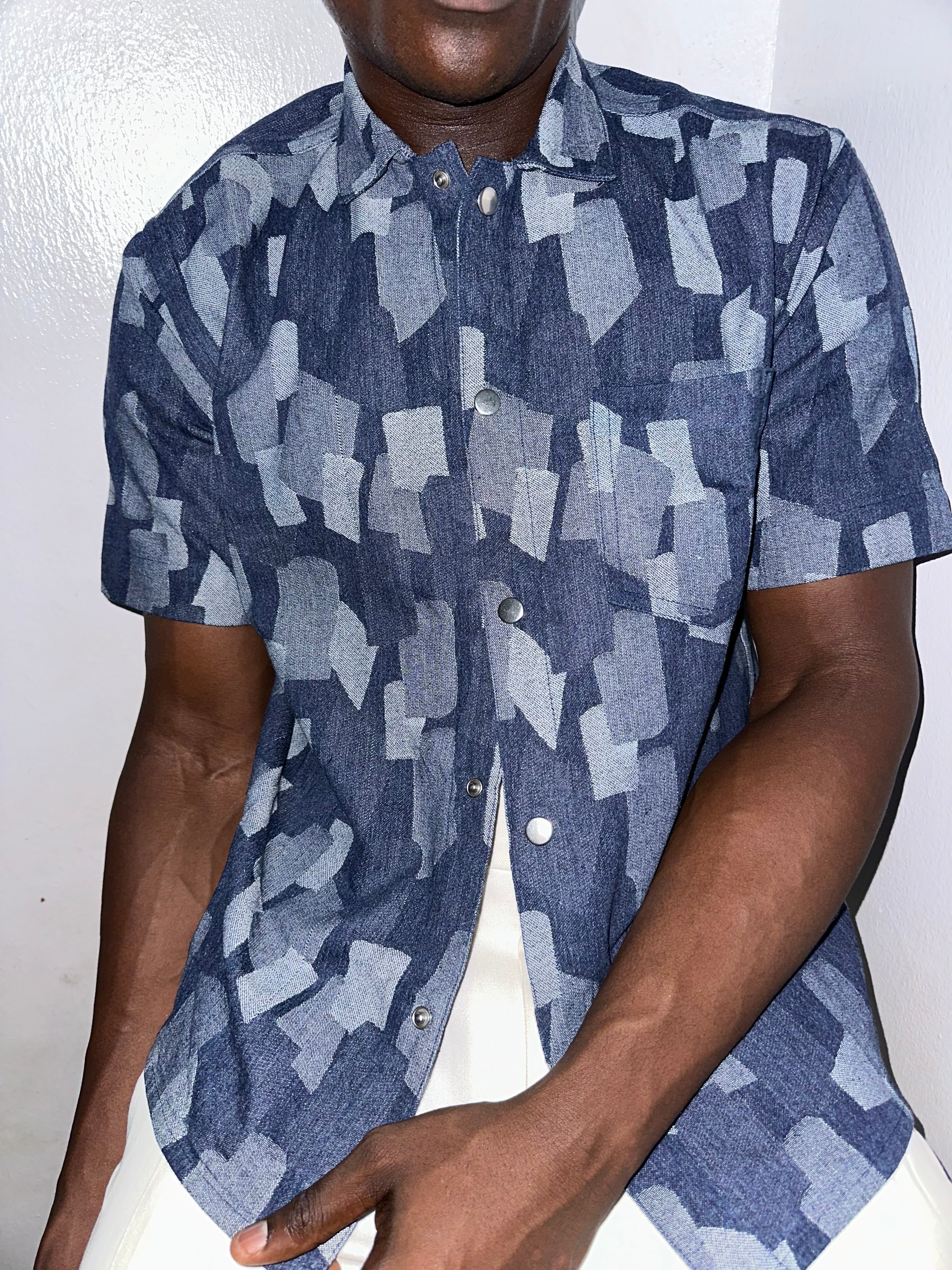 Callum Block Print Denim Cropped Overshirt