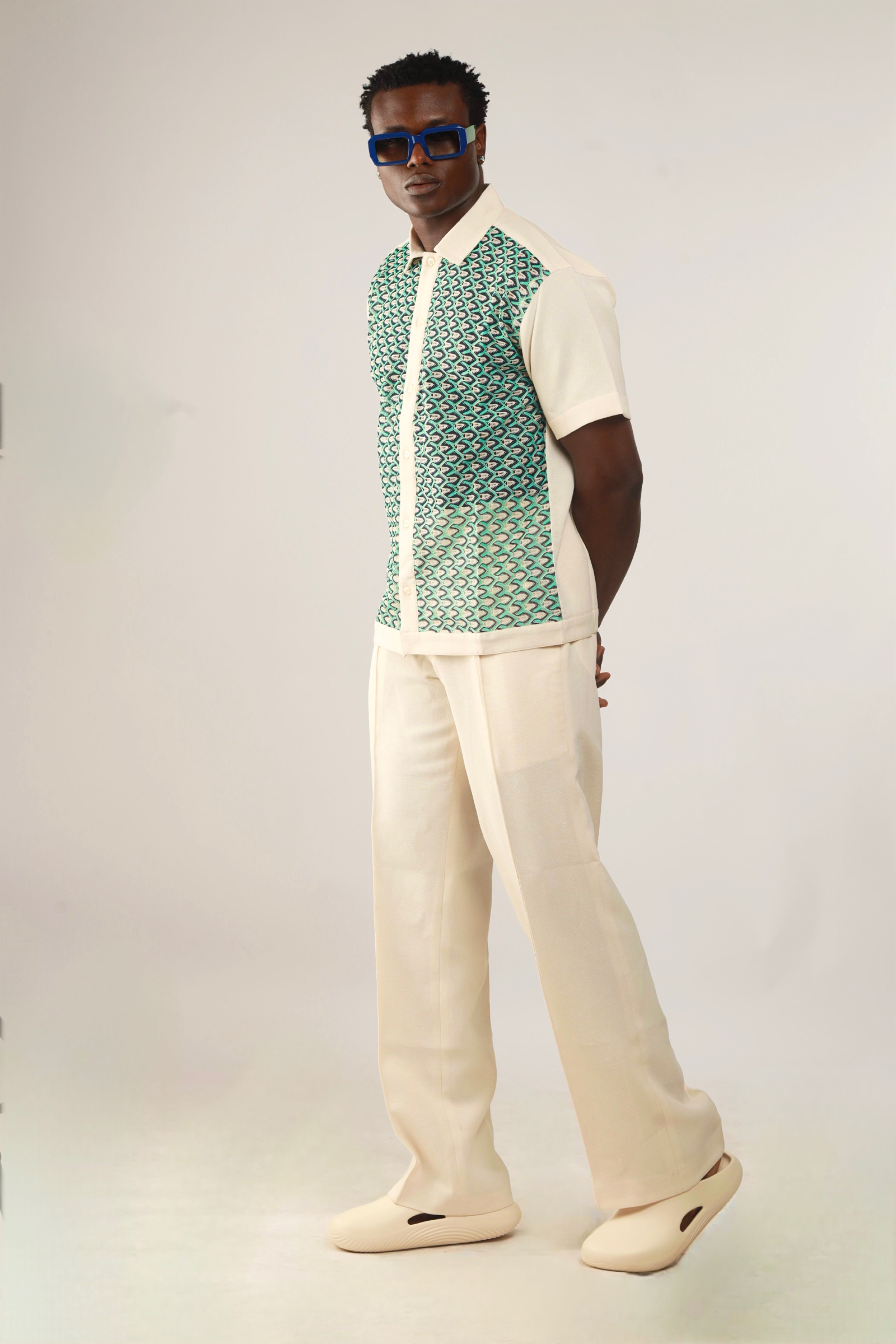 Cleo Resort Lace Print Shirt - Oatmeal/Green