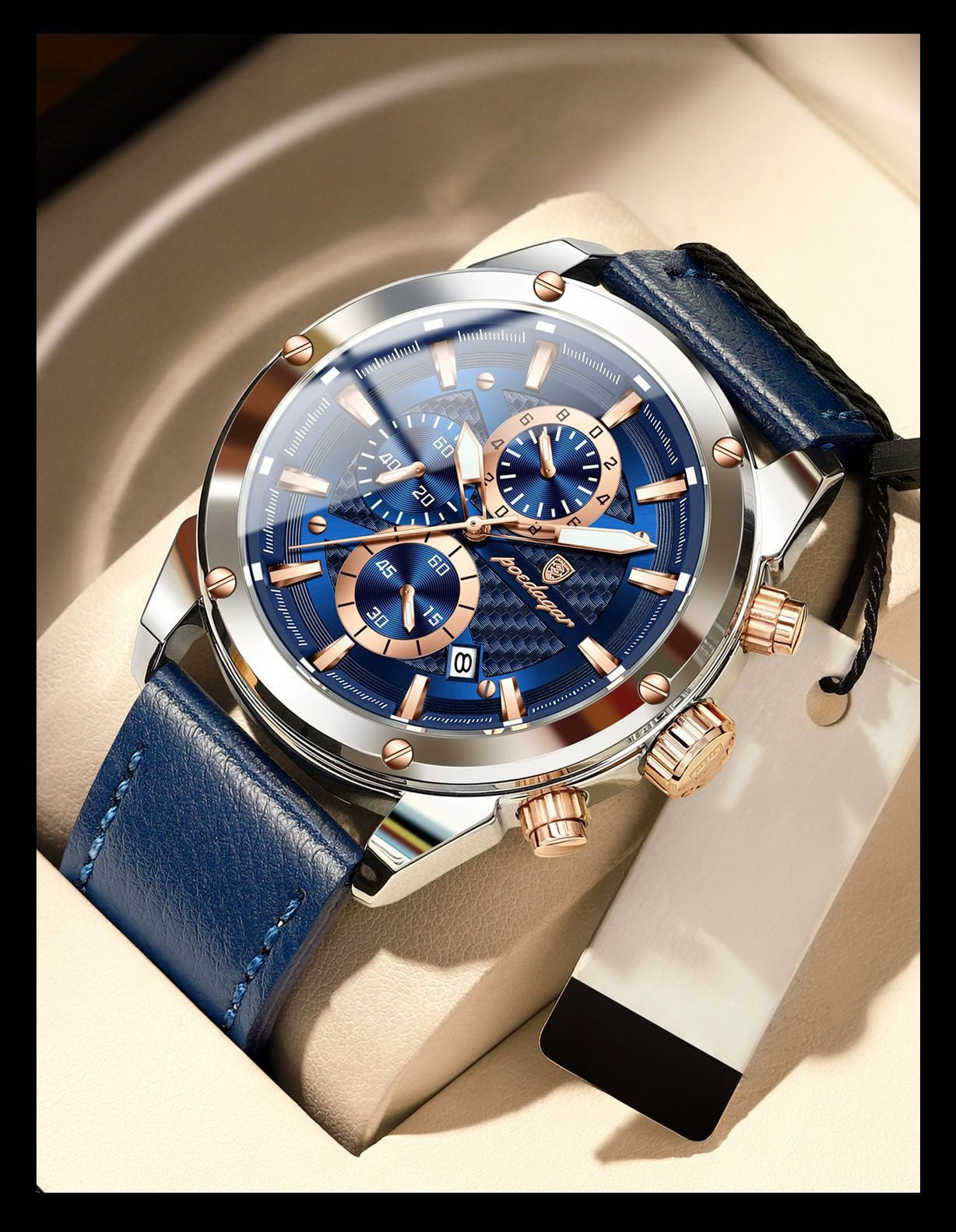 Azriel Chronograph Leather Strap Wristwatch - Blue-9
