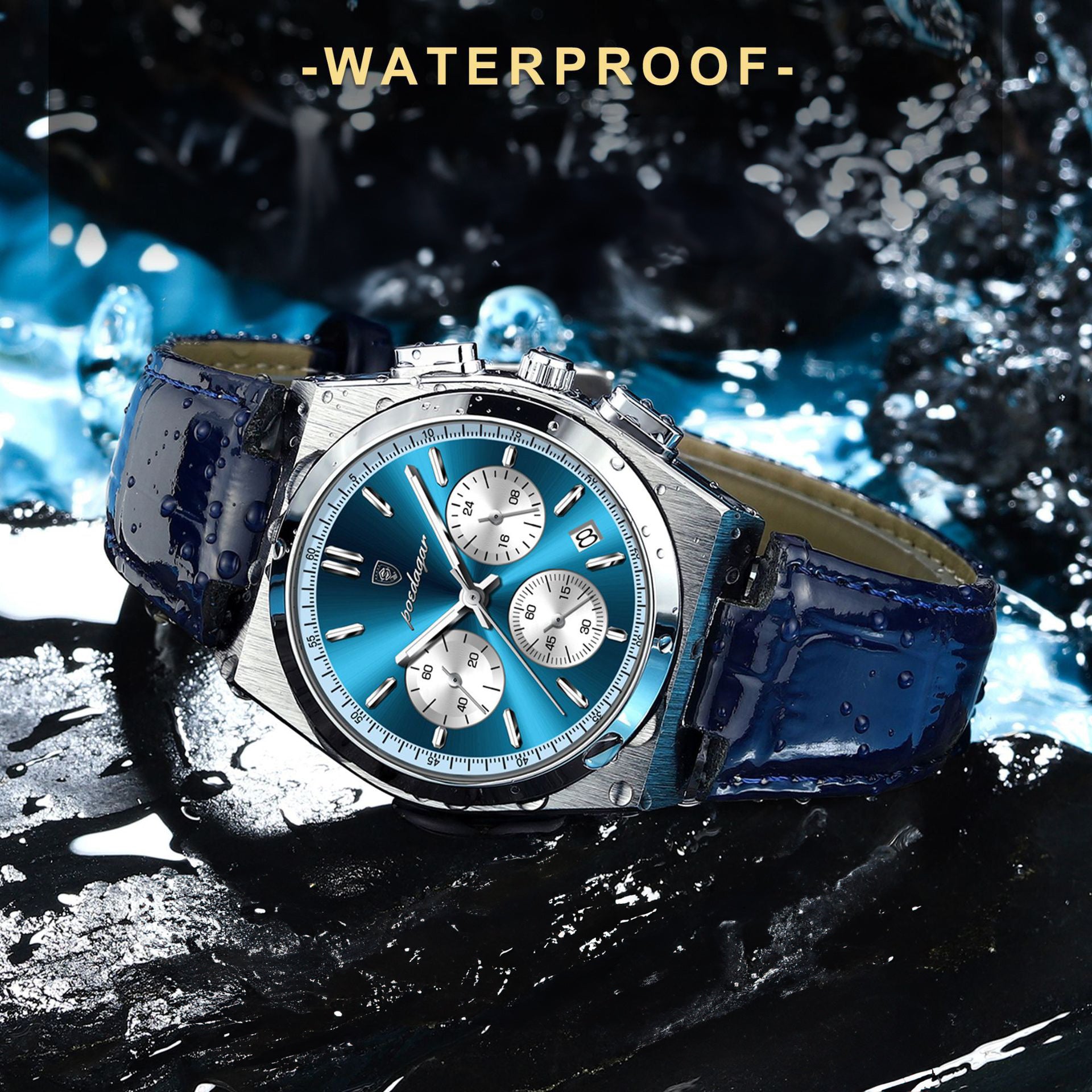 Anthony Chronograph Leather Strap Wristwatch - Gold/Silver/Blue-5