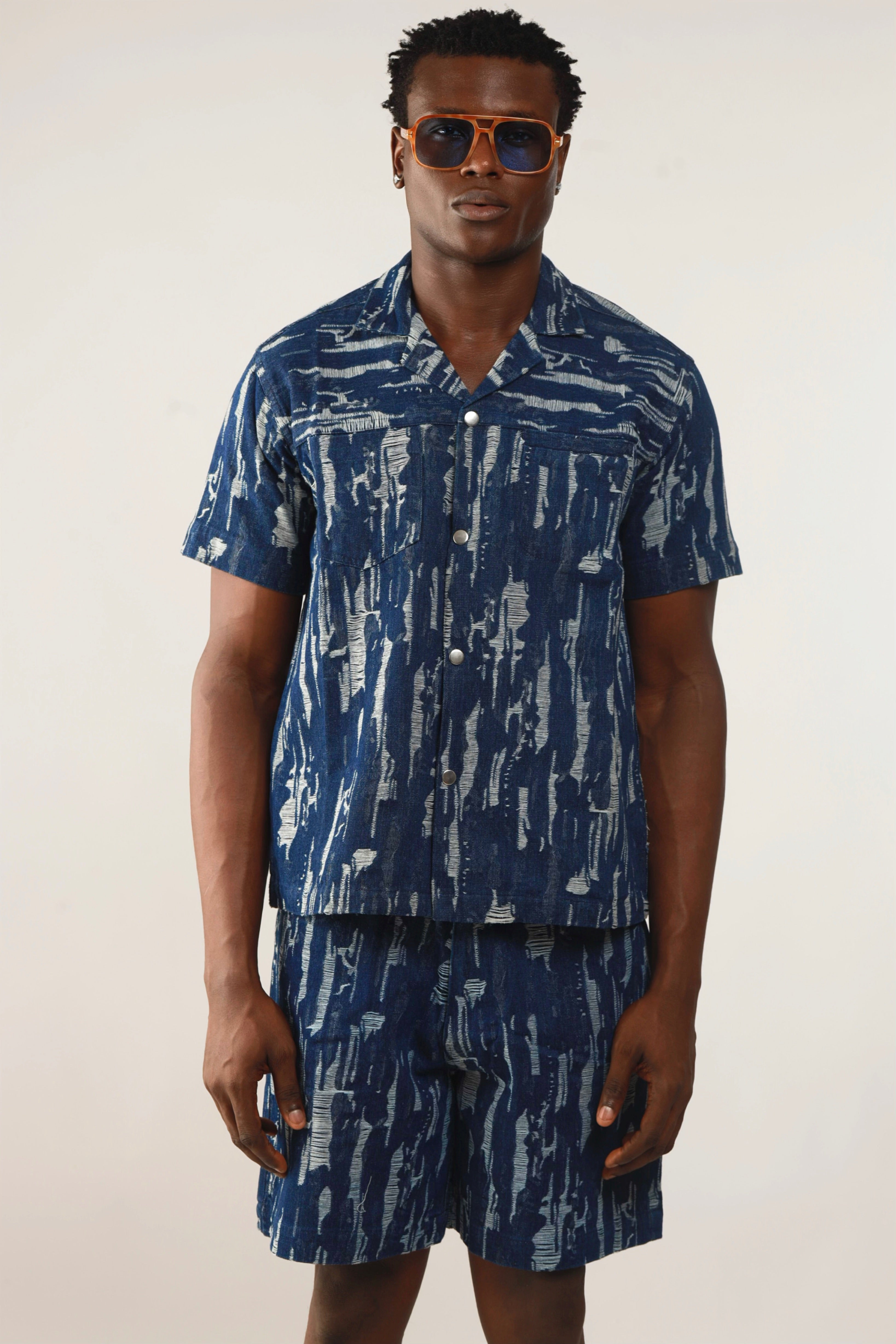 Cairo Distressed Denim Cuban Shirt & Short/Jort (Two-Piece Set)-22