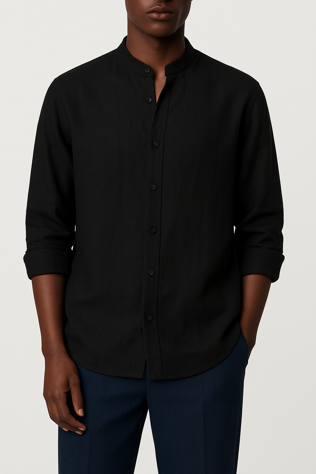 Cairo Linen Blend Mandarin Collar Shirt - Black