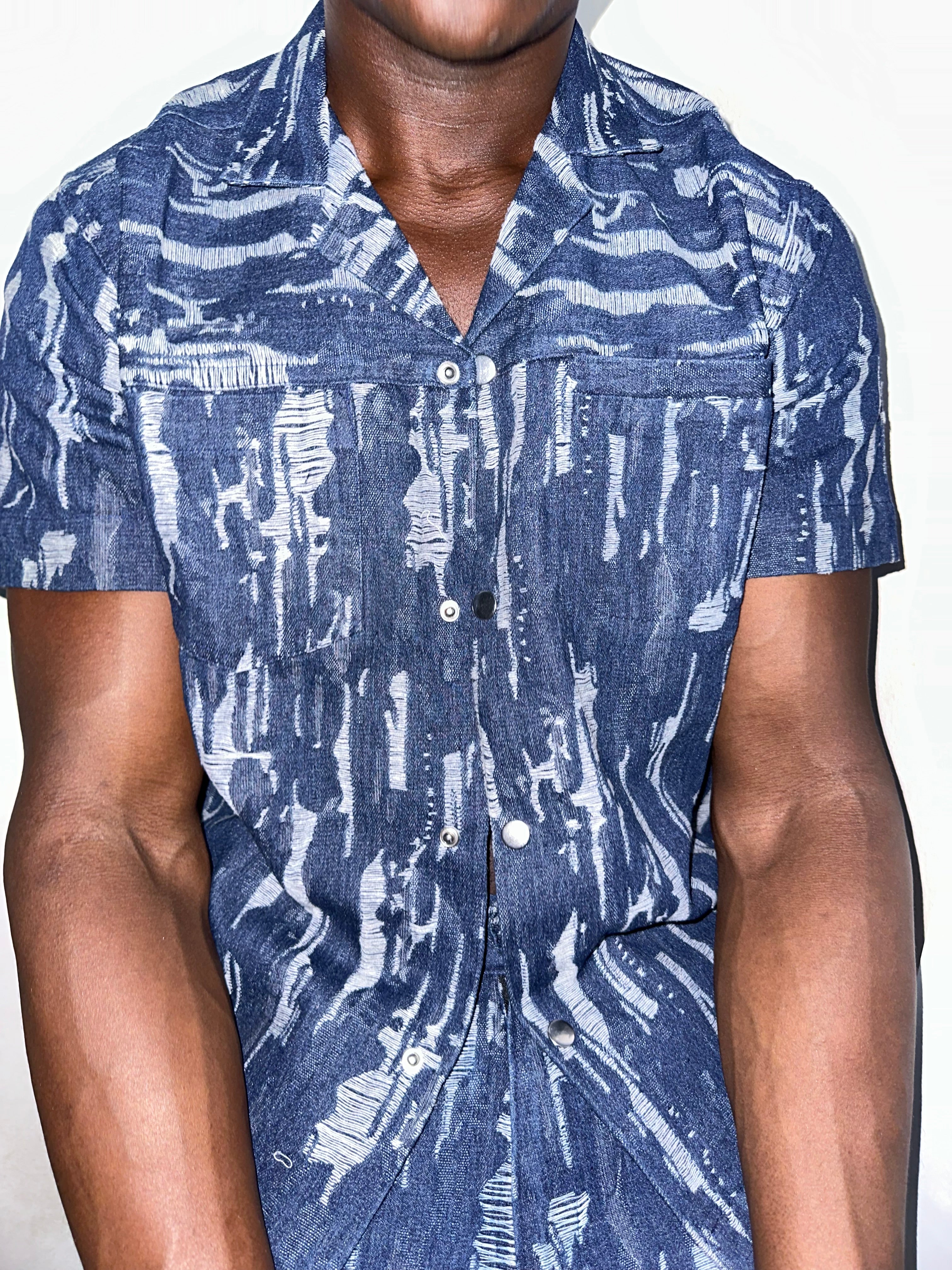 Cairo Distressed Denim Cuban Shirt & Short/Jort (Two-Piece Set)