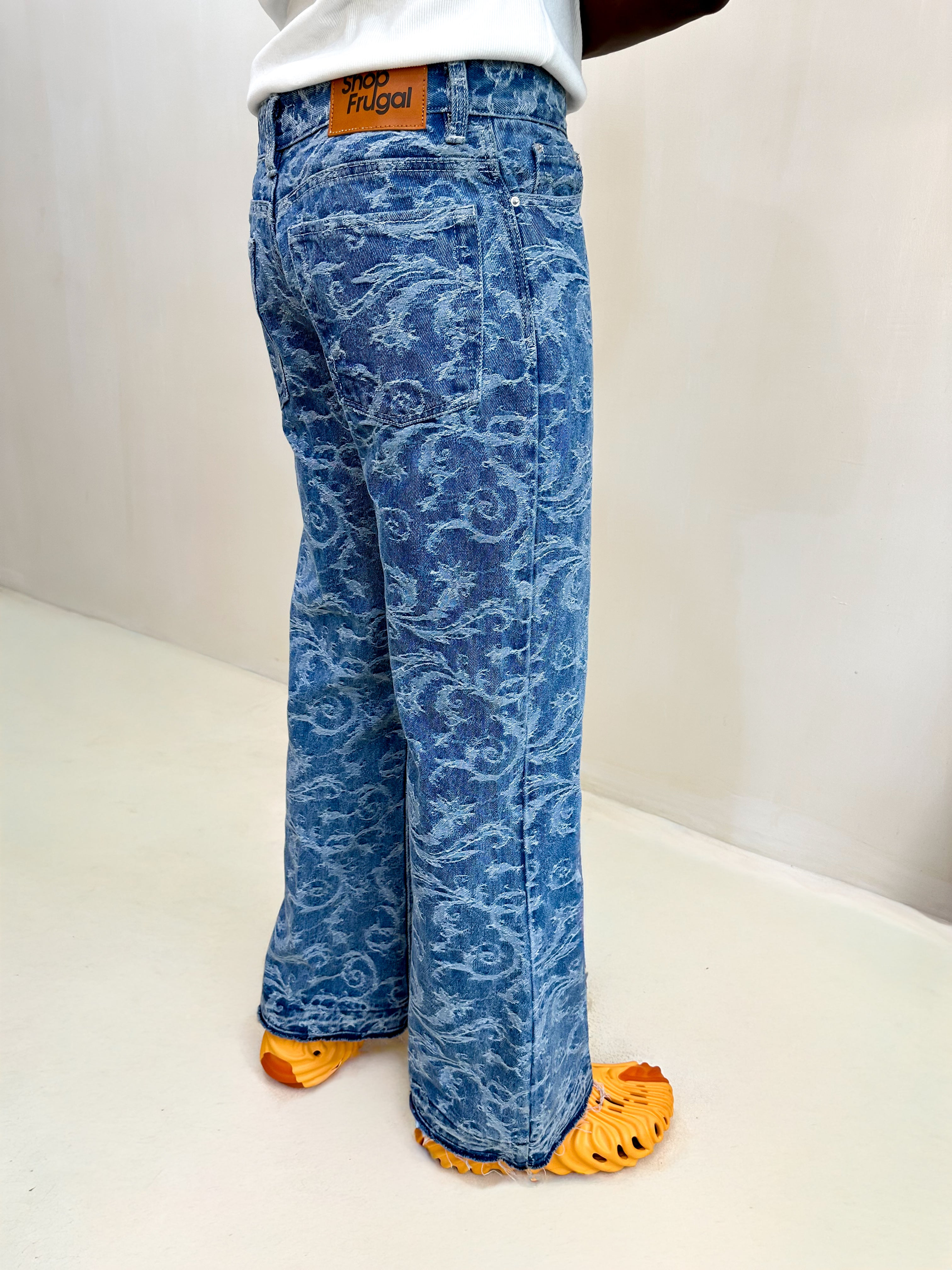 Ciela Jacquard Relaxed Flared Raw Hem Jeans