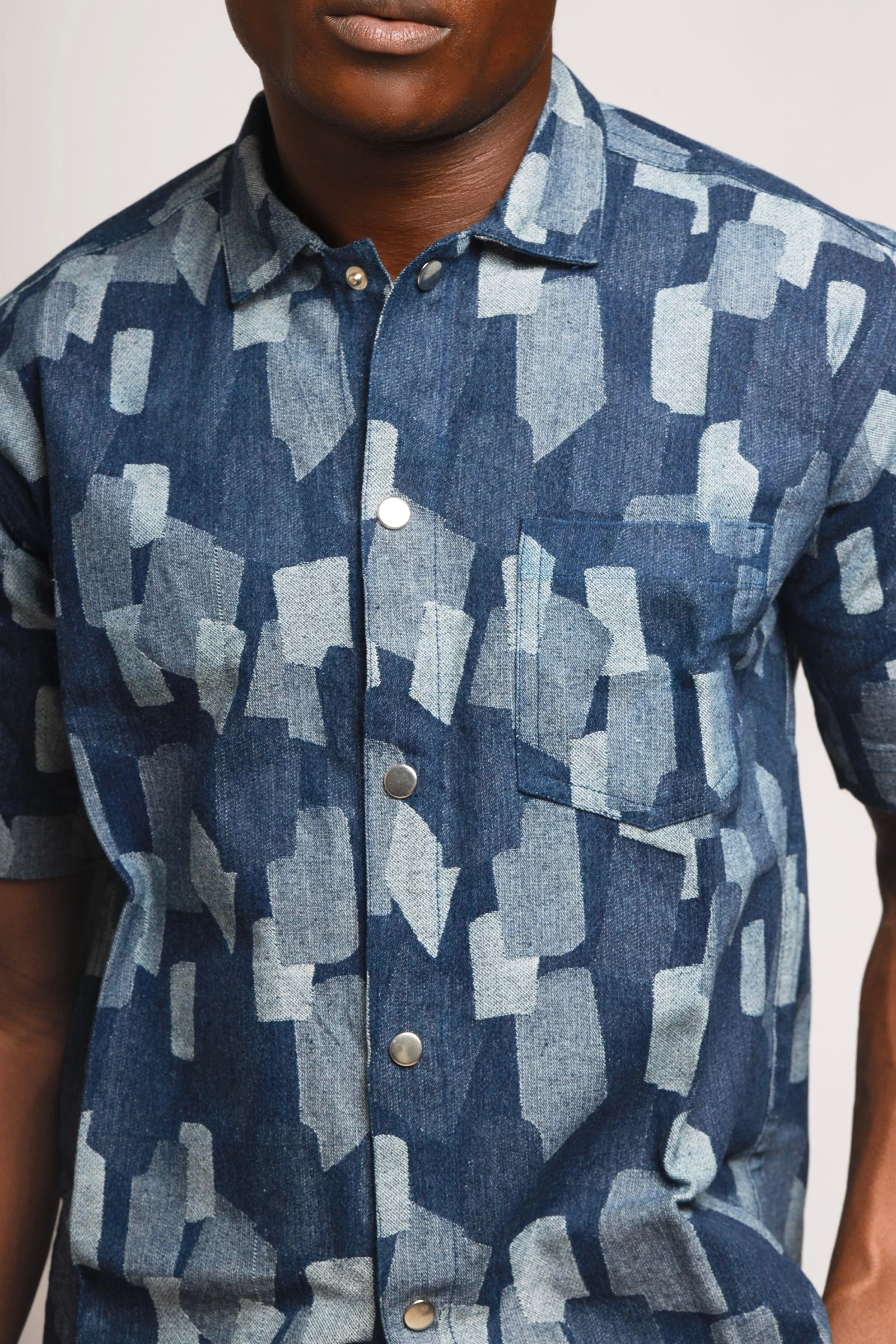 Callum Block Print Denim Cropped Overshirt