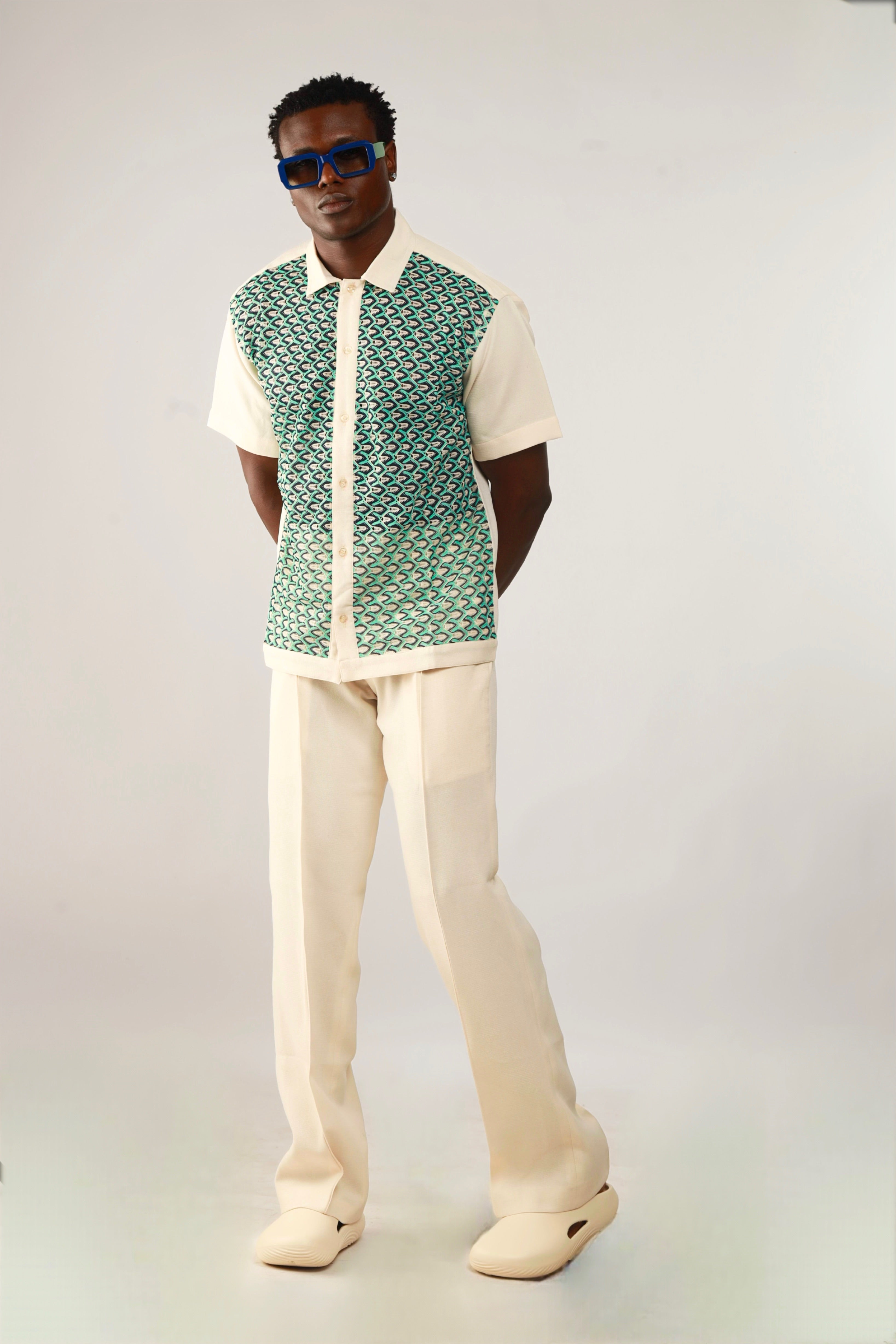 Cleo Resort Lace Print Shirt - Oatmeal/Green