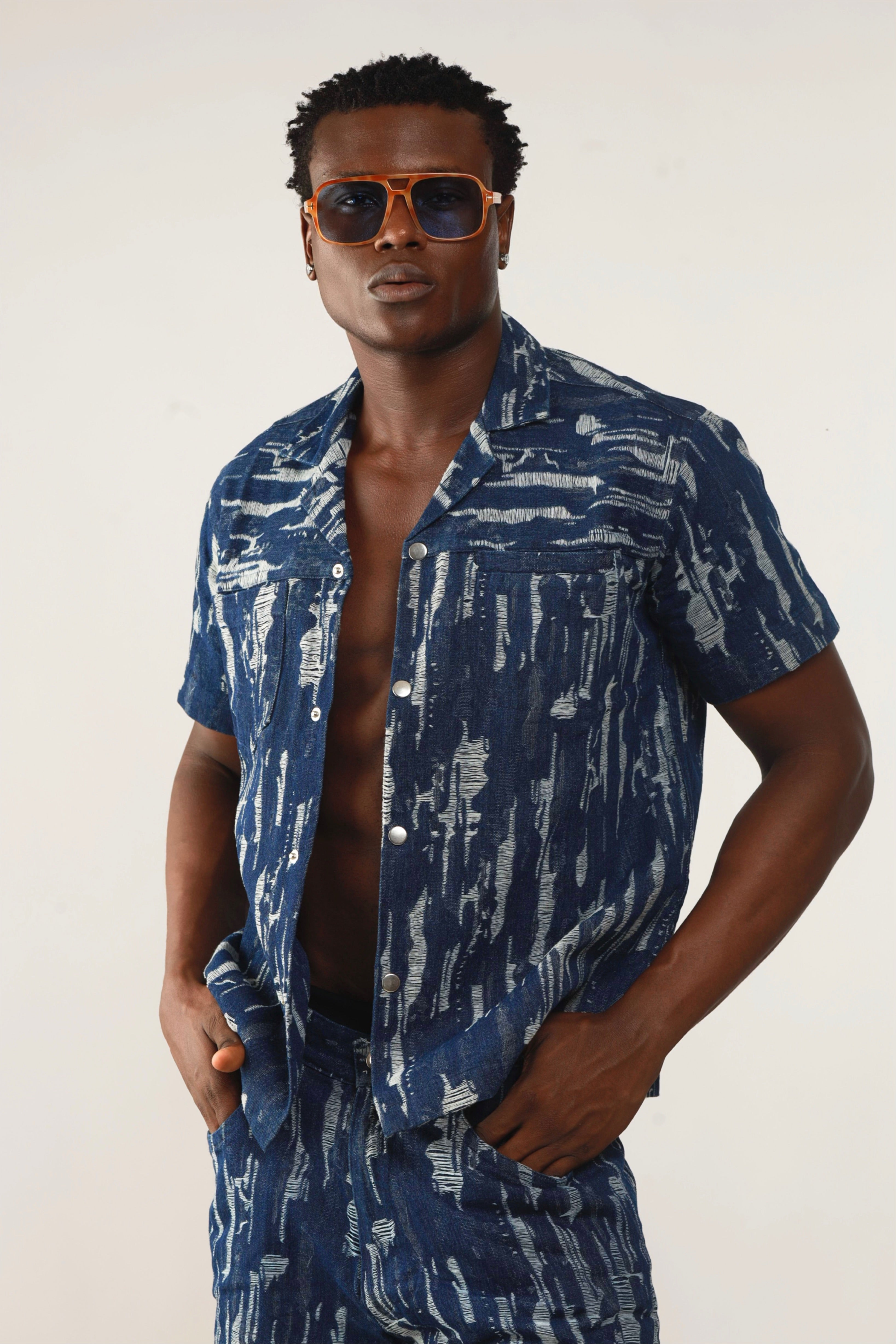 Cairo Distressed Denim Cuban Shirt & Short/Jort (Two-Piece Set)-17