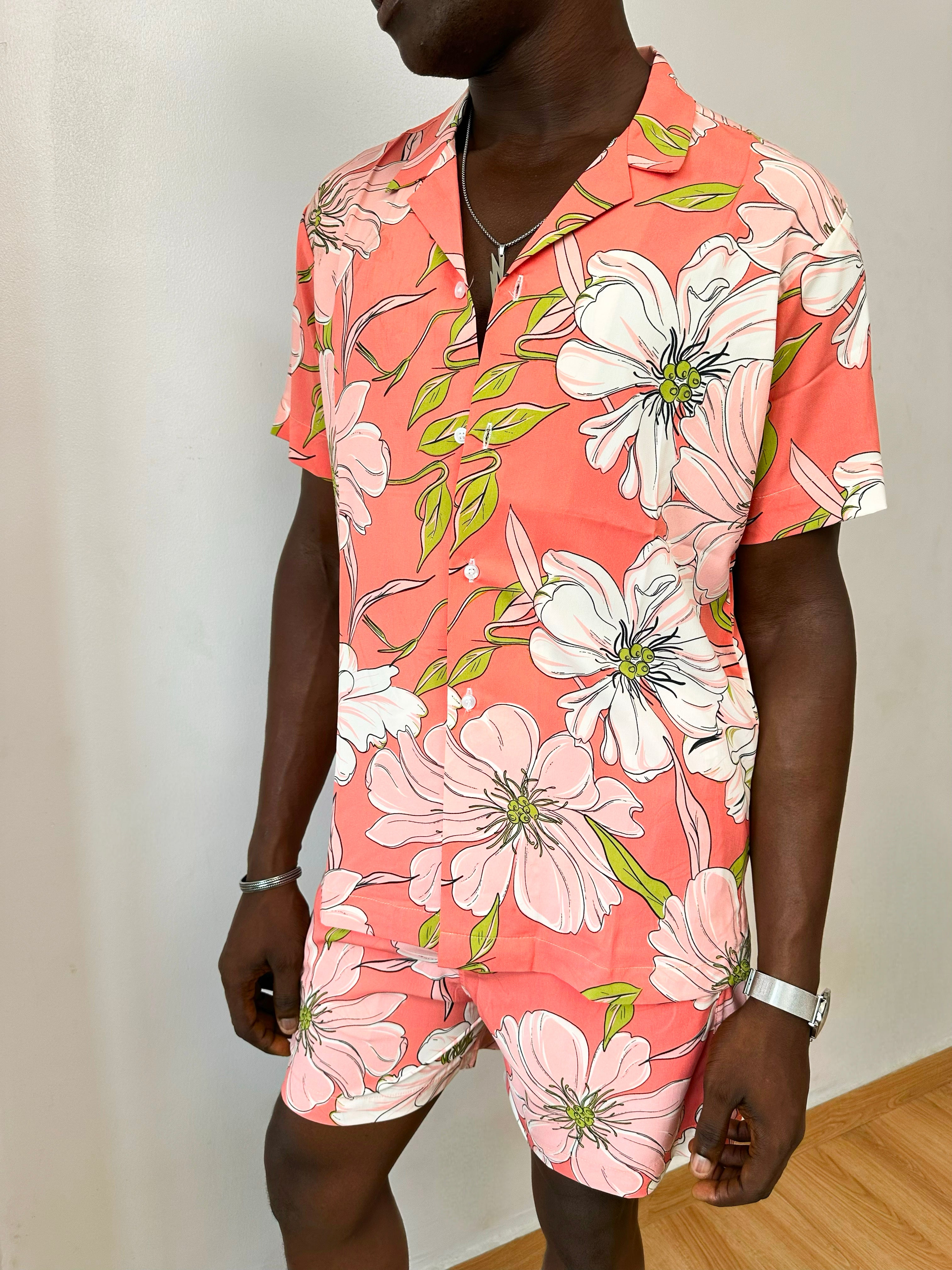 Cai Relaxed Abstract Flower Print Two Piece Set (Cuban Shirt & Short)