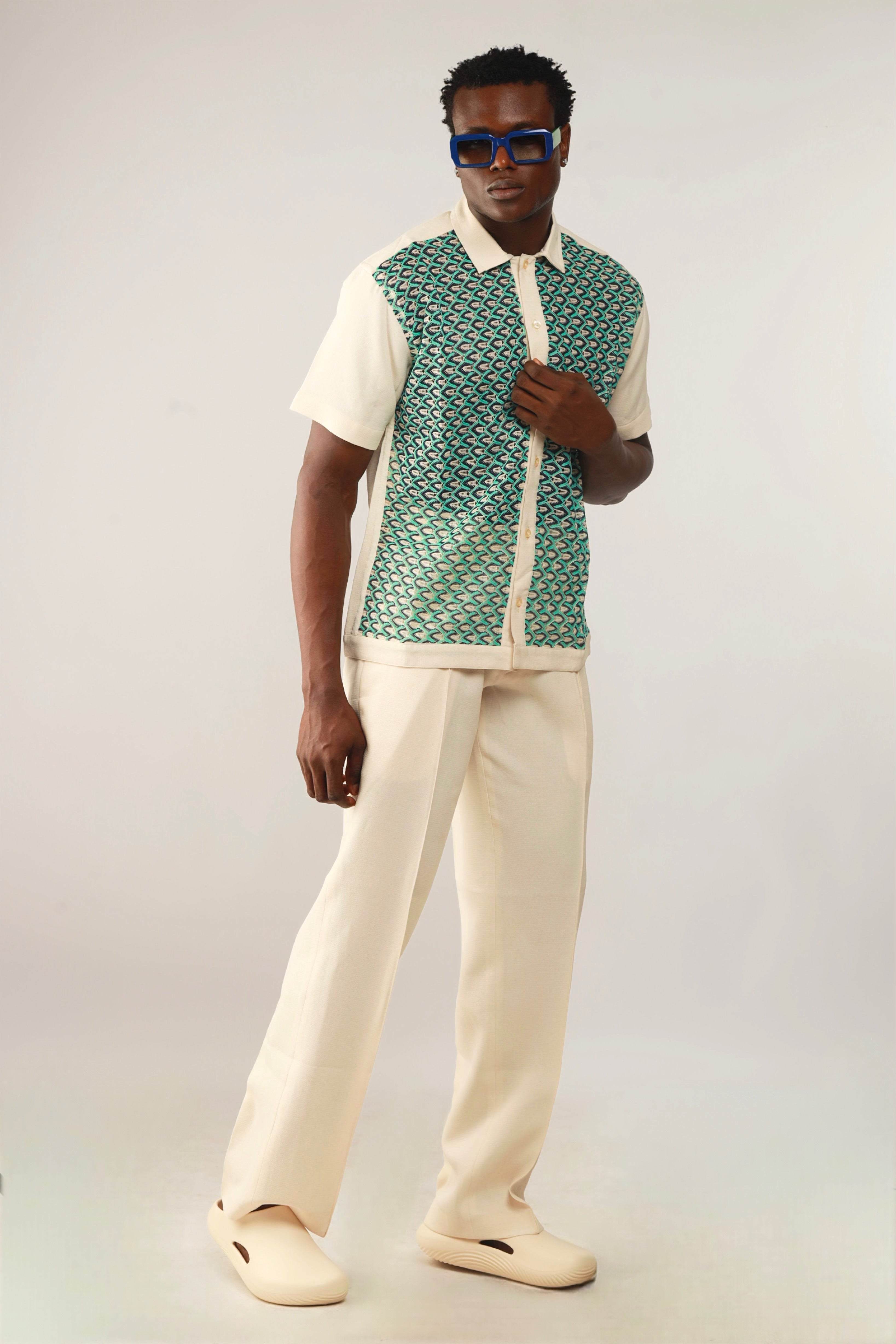 Cleo Resort Lace Print Shirt - Oatmeal/Green