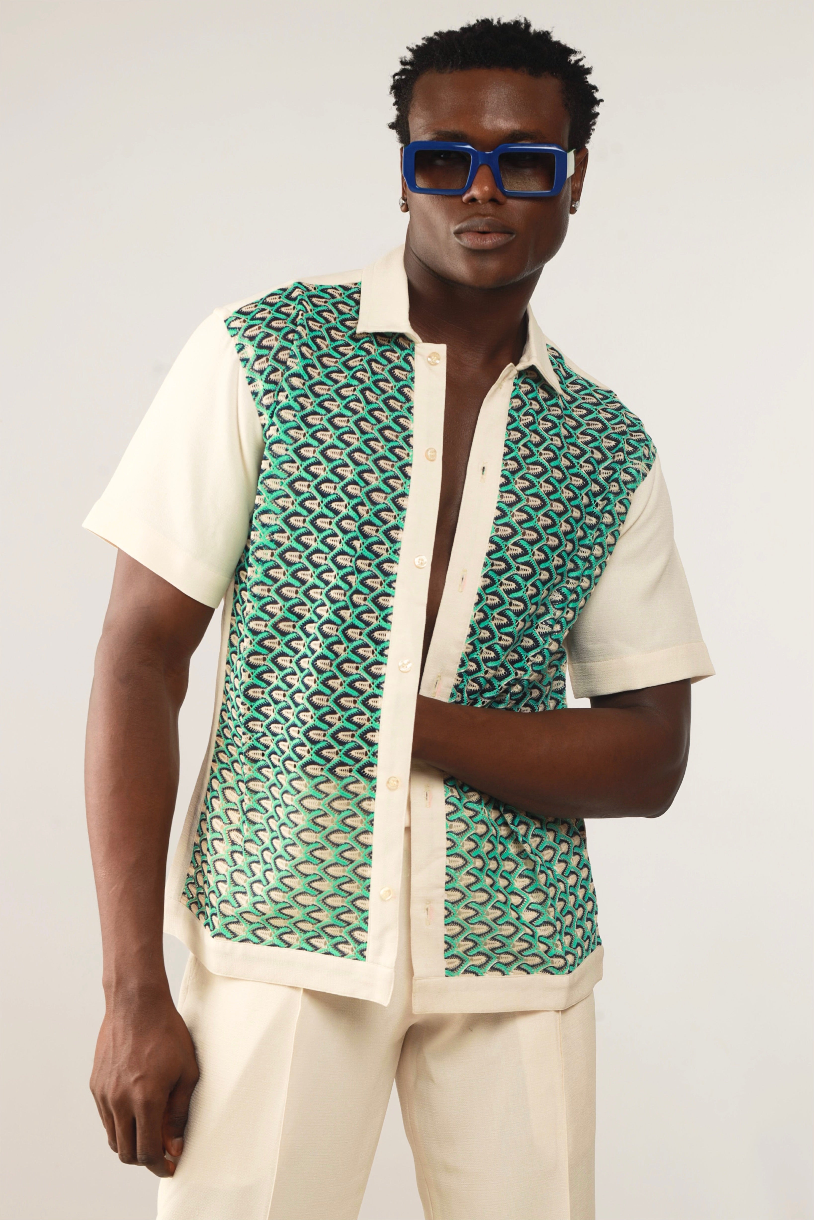 Cleo Resort Lace Print Shirt - Oatmeal/Green