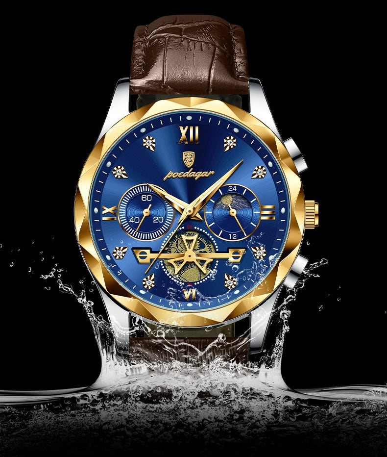 Andrew Chronograph Leather Strap Wristwatch - Brown/Green/Gold