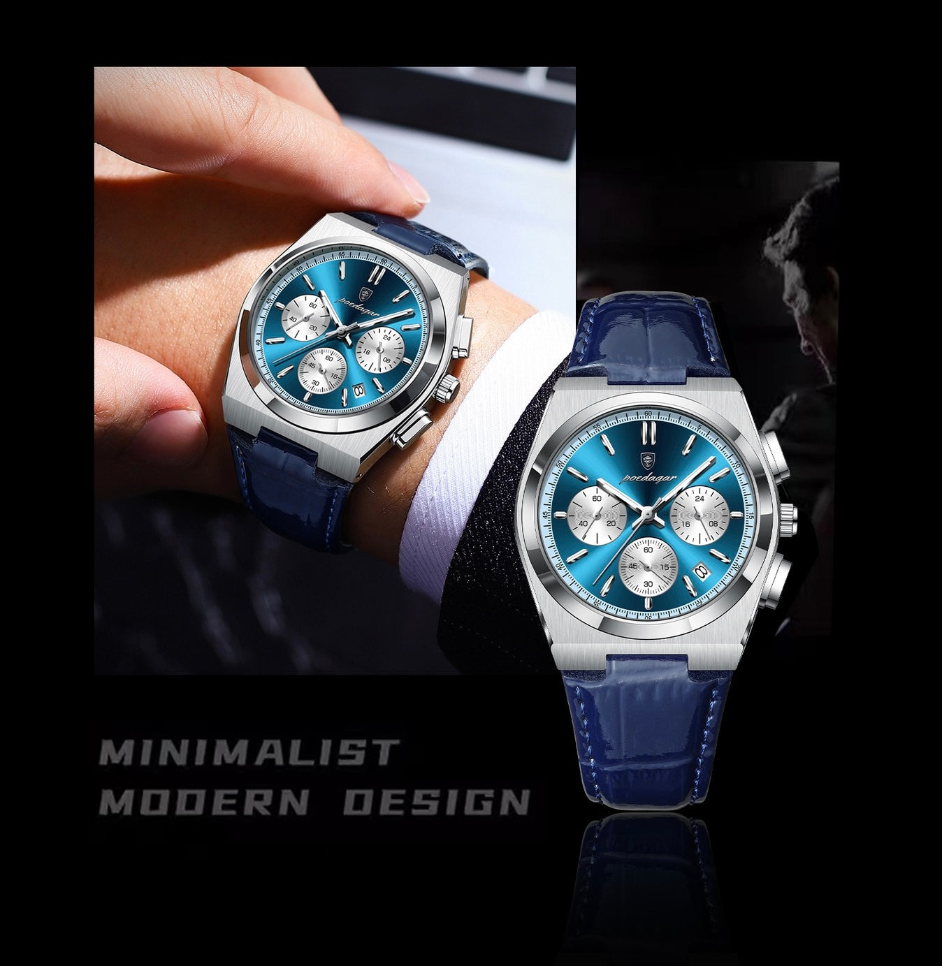 Anthony Chronograph Leather Strap Wristwatch - Gold/Silver/Blue-10